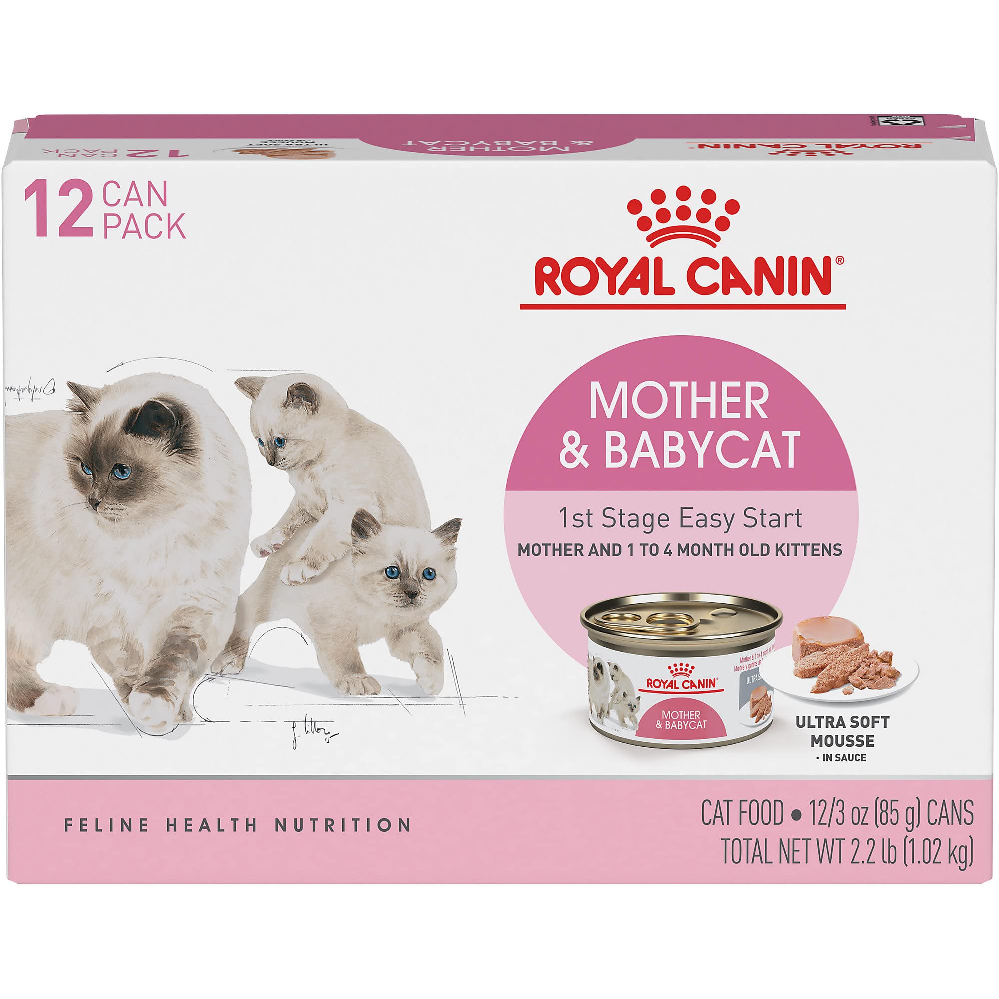 Royal Canin Feline Health Nutrition Mother and Baby Kitten Mousse in Sauce Formula Canned Cat Food - 3 Oz - Case of 12 - 4 Pack  