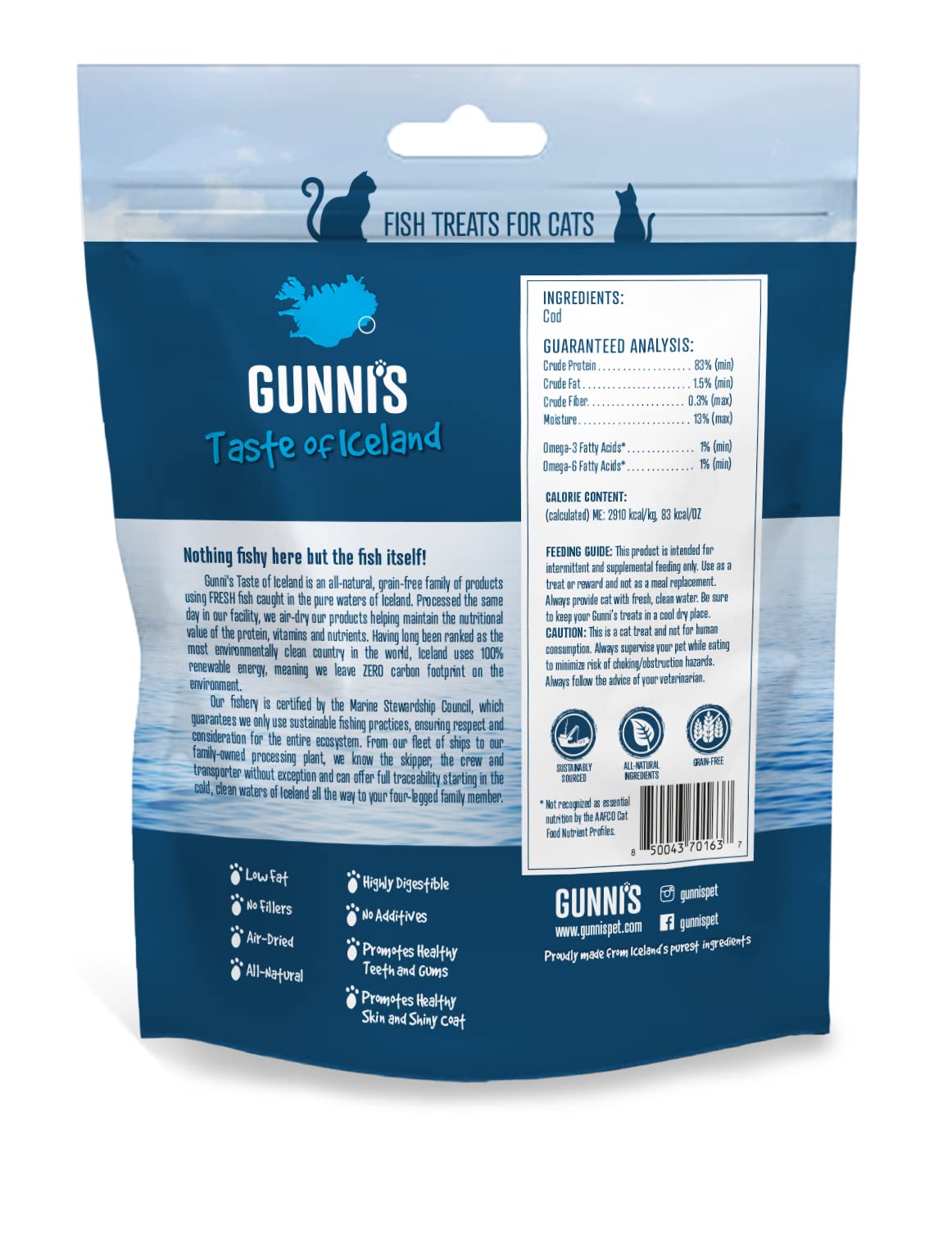 Gunnis Pet Grain-Free Mini Morsals Cod Natural Air-Dried Crunchy Cat Treats - 1.5 Oz