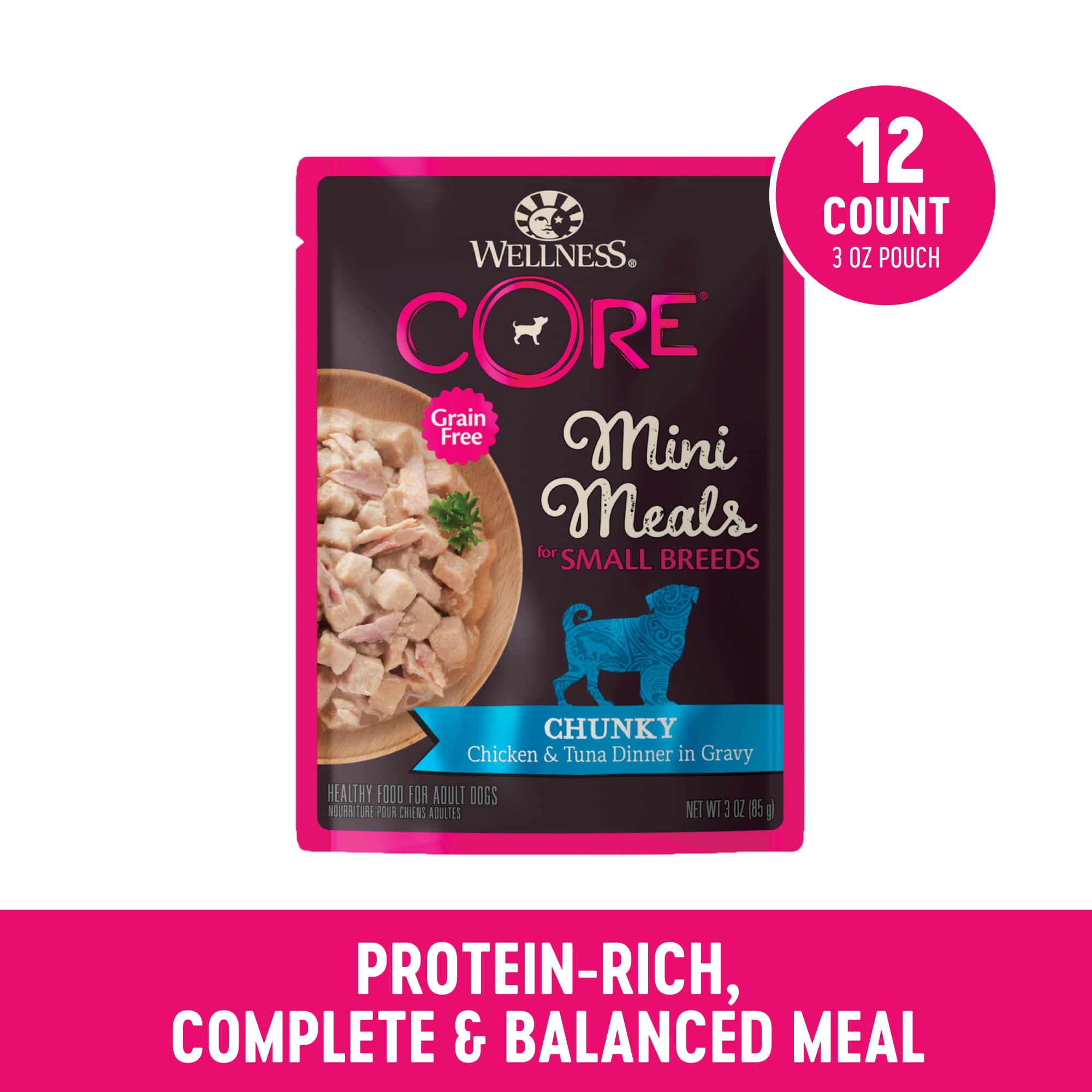 Wellness Core Mini Meals Chunky Chicken and Tuna in Gravy Small-Breed Wet Dog Food Pouch - Variety Pack - 3 Oz - Case of 12 - 2 Pack  