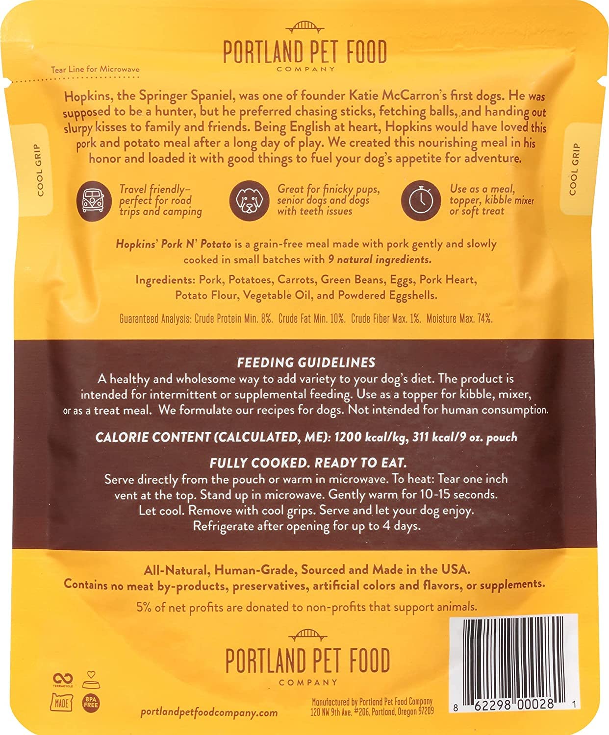 Portland Pet Food Homestyle Hopkin's Pork N' Potato Wet Dog Food Pouch - 9 Oz - Case of 8  