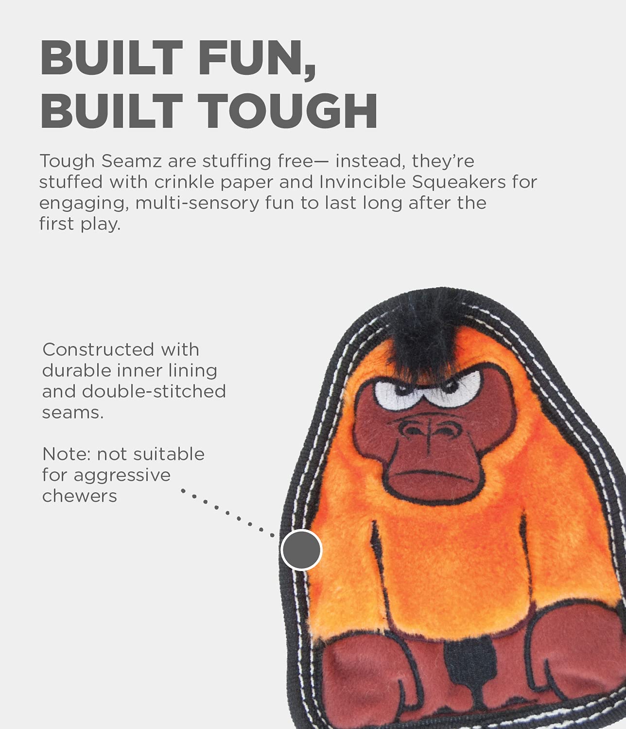 Outward Hound Tough Seamz No-Stuffing Gorilla Invinceable Squeaker Soft Dog Toy - Small  