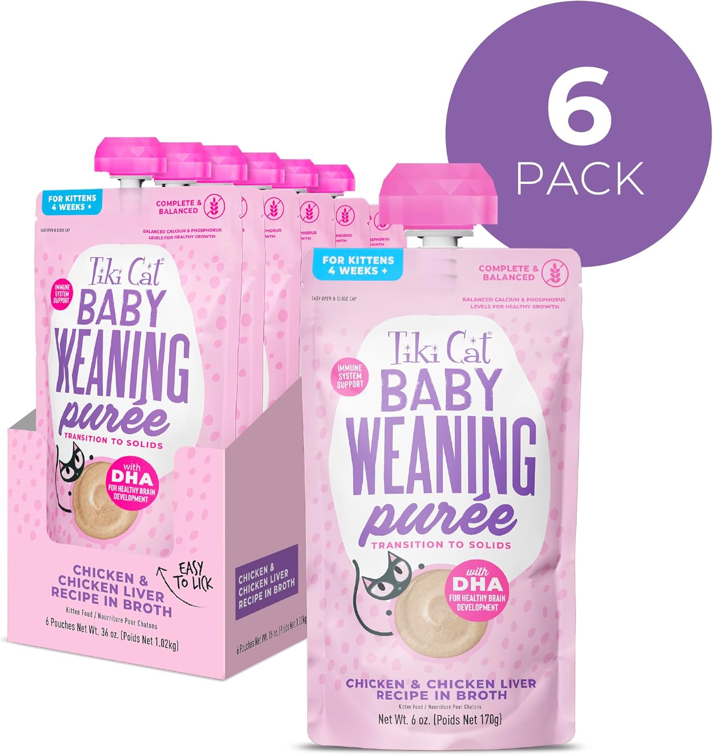 Tiki Cat Baby Weaning Puree Chicken and Chicken Liver in Broth Kitten Wet Cat Food Pouch - 6 Oz - Case of 6