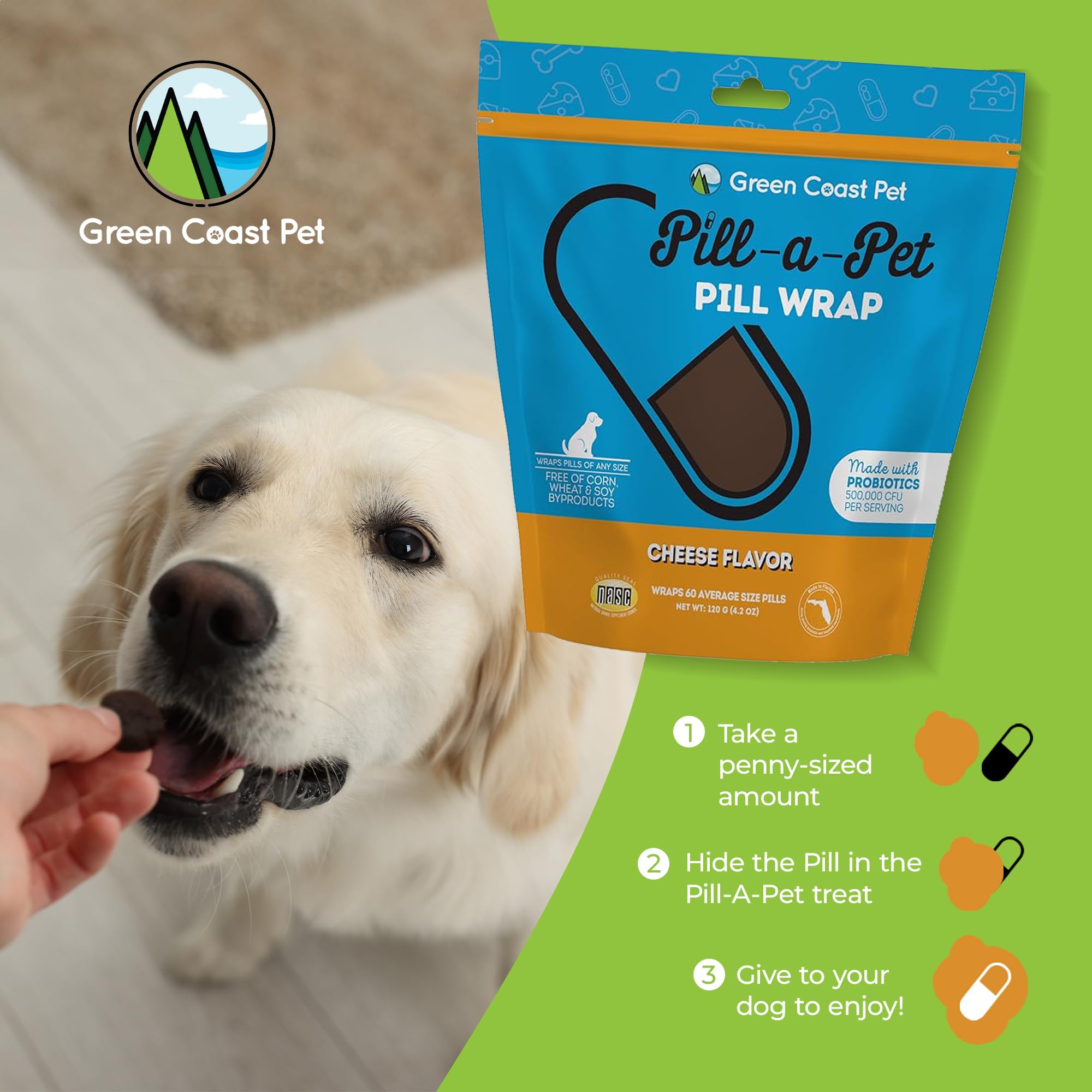 Green Coast Pet Pill-a-Wrap Moldable Pill Wraps for Dogs Cheese with Probiotics - 4.2 Oz  