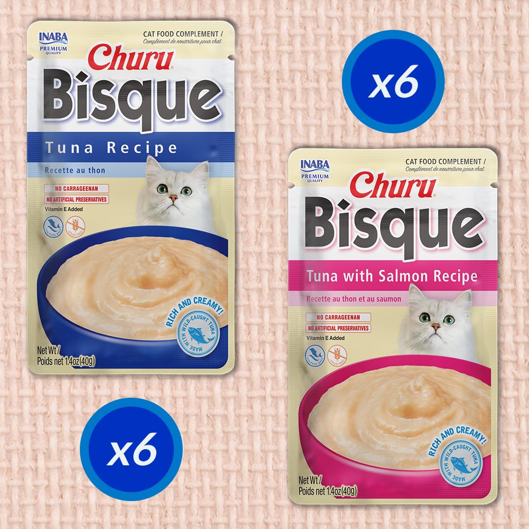 Inaba Churu Bisque Tuna and Salmon Lickable and Squeezable Puree Cat Treat Pouches - 1.4 Oz - Case of 6  