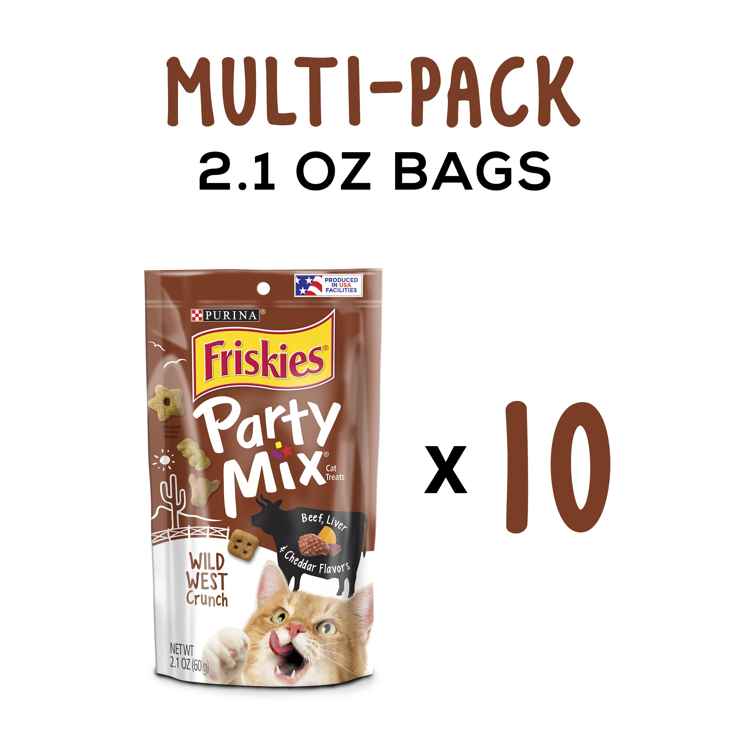 Purina Friskies Party Mix Wild West Beef Liver and Chedder Cheese Crunchy Cat Treats - 2.1 Oz - Case of 10  