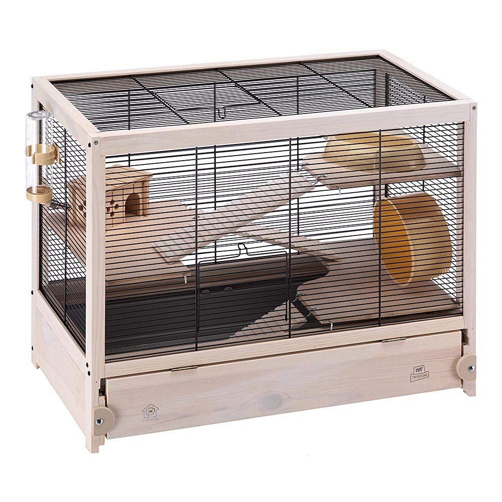 Ferplast Hampsterville Hampster Cage with Wooden Base and Accessories - Tan - 22.7" X 12.2" X 2.6" Inches  