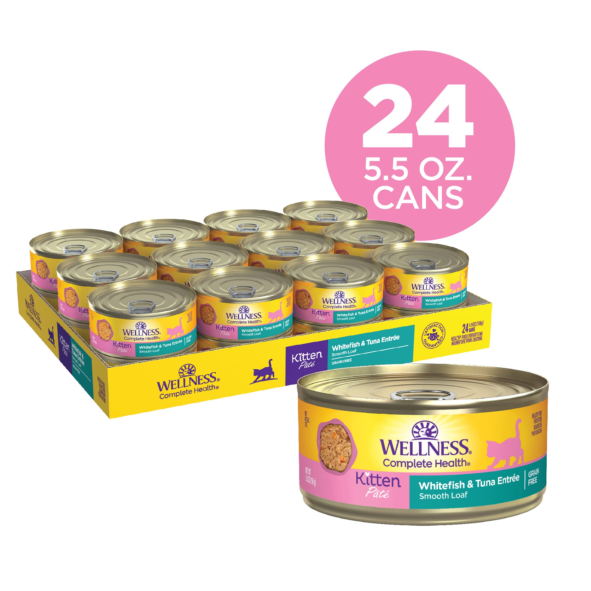 Wellness Complete Health Whitefish and Tuna Pate Entrée Kitten Formula Canned Cat Food - 5.5 Oz - Case of 24  