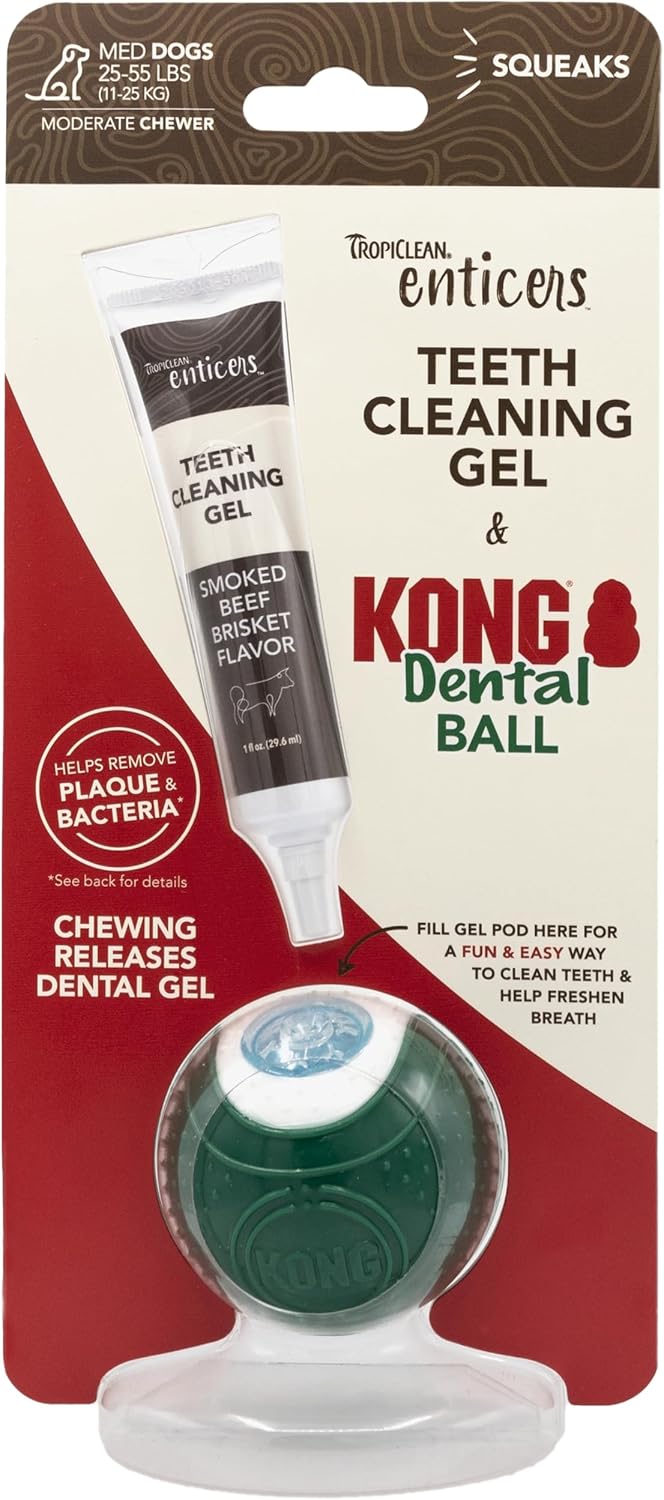 Tropiclean Enticers Smoked Beef Teeth Cleaning Dental Gel Kit with Kong Ball Dog Toy - 1 Oz - Medium Ball