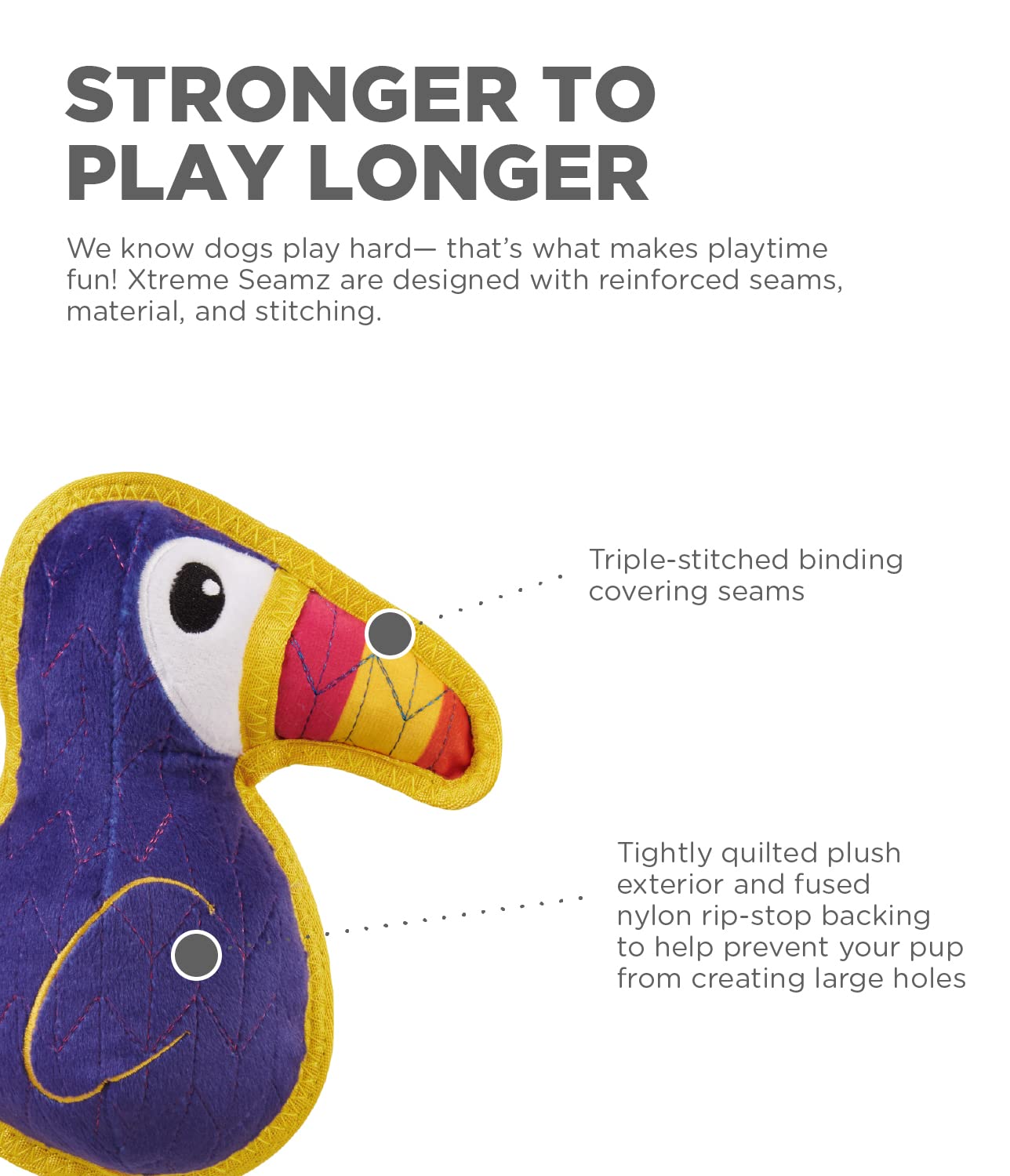 Outward Hound Xtreme Seamz Toucan Squeak and Plush Reinforced Dog Toy  