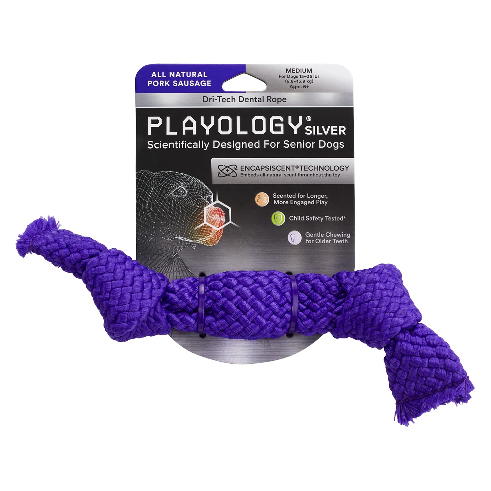 Playology Pork Scented Dri-Tech Dental Rope Dog Toy with Encapsiscent Technology - Small  