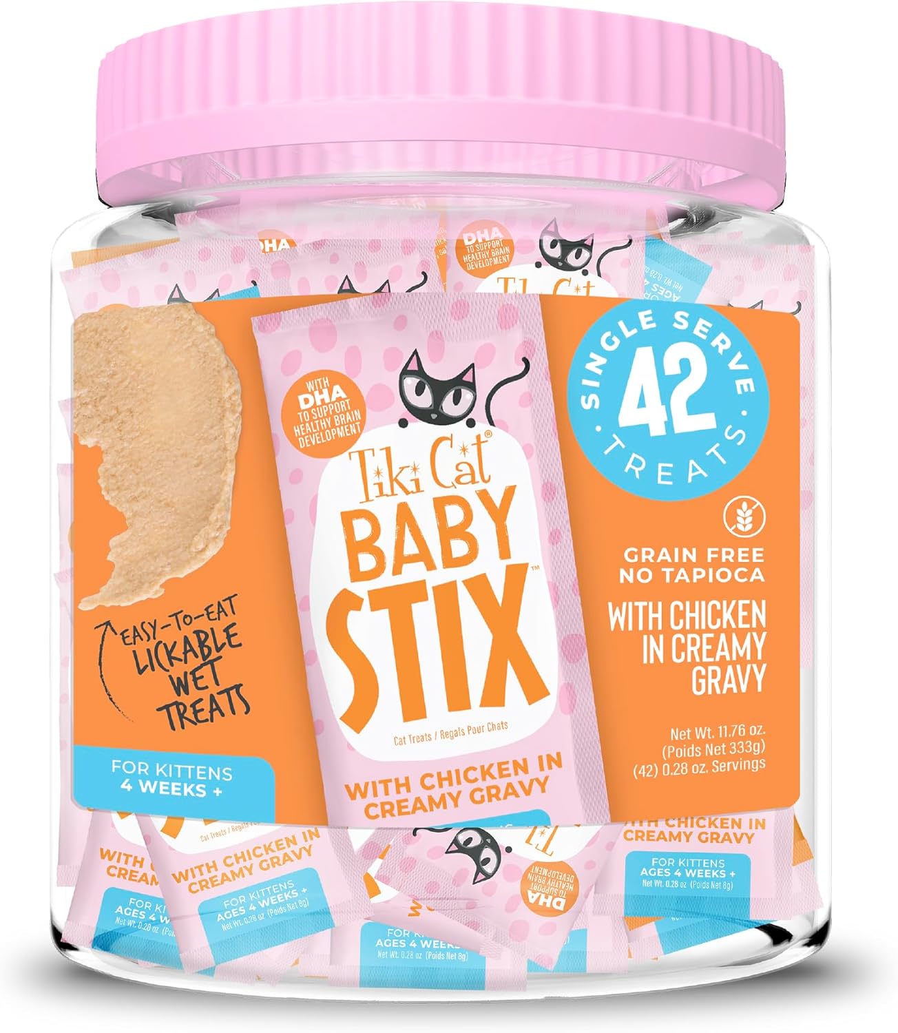 Tiki Cat Baby Stix Grain-Free Single-Serve Chicken in Creamy Gravy Lickable Cat Treats - 11.76 Oz - 42 Count