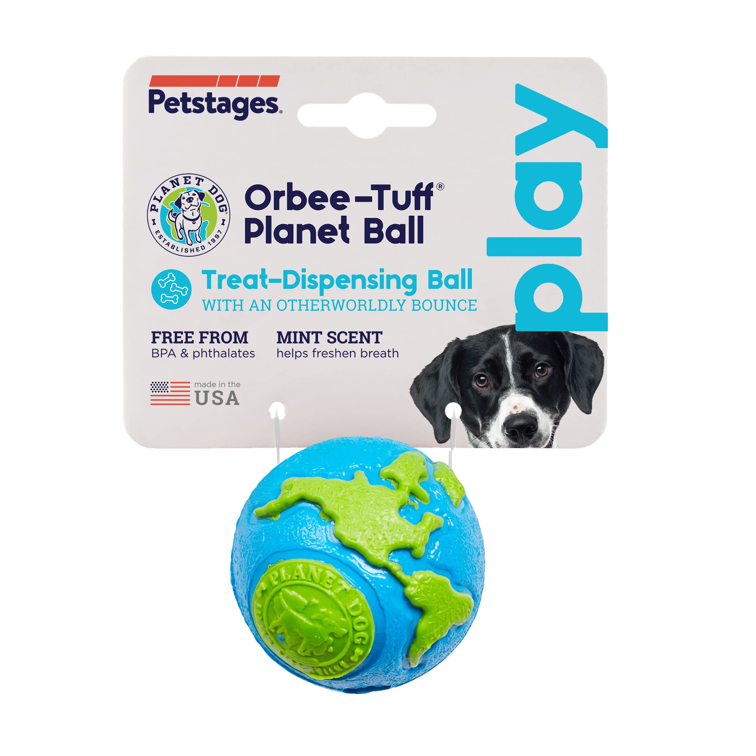 Outward Hound Planet Dog Orbee Tuff Ball Mint Flavored Bounce and Fetch Dog Toy - Blue/Green - Small  