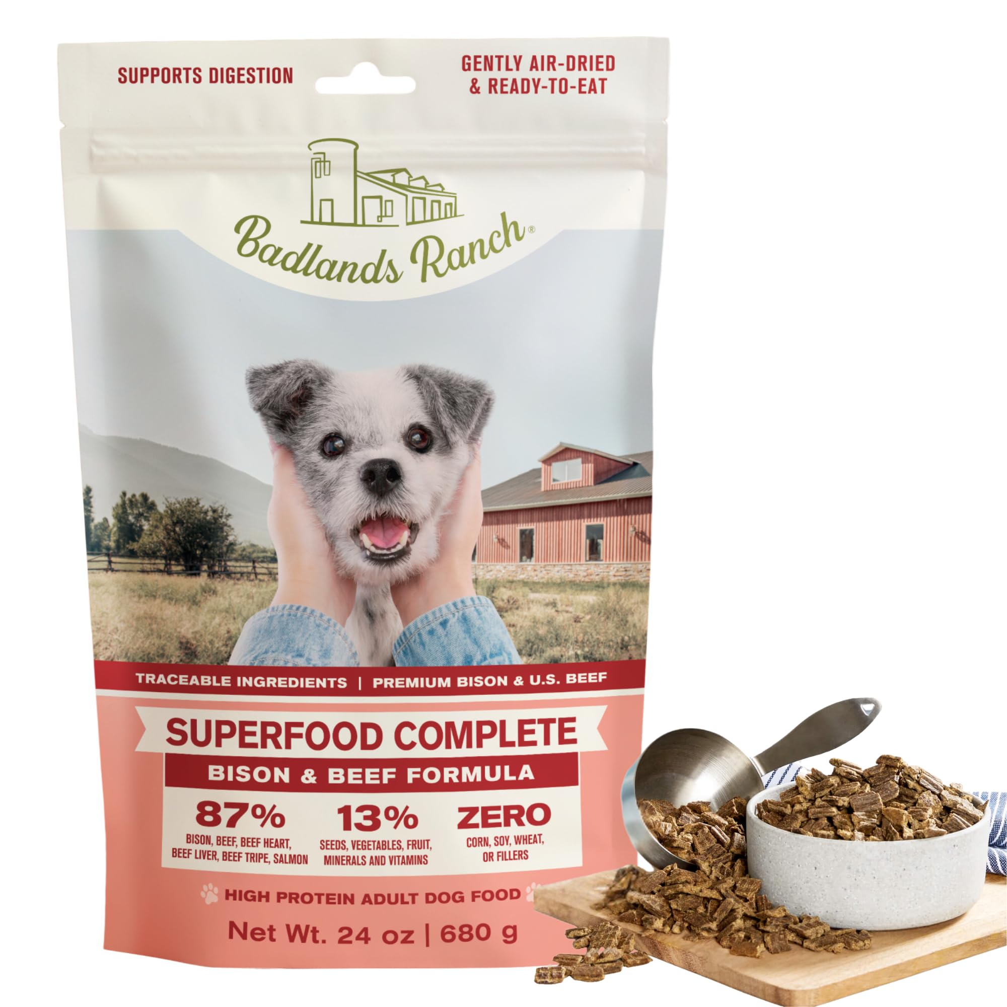 Badlands Ranch Superfood Complete High-Protein Bison and Beef Air-Dried Dog Food - 11.5 Oz - 6 Pack