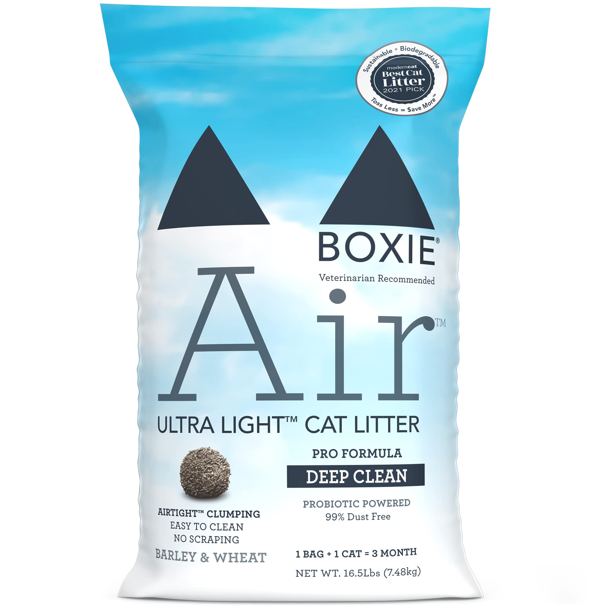 Boxiecat Air Lightweight Deep Clean Pro-Formula Dust-Free Probiotic Powered Plant Based Clumping Cat Kitty Litter - 16.5 Lbs