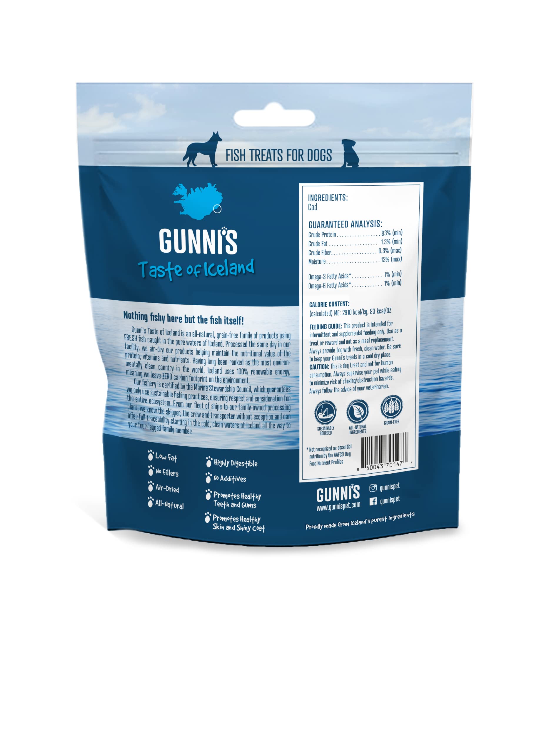 Gunnis Pet Grain-Free Cod Skin Wafers Natural Crunchy Air-Dried Dog Treats - 5 Oz