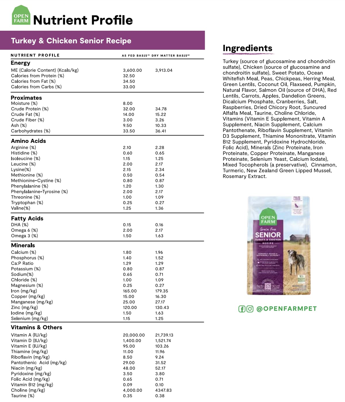 Open Farm Chicken and Turkey with Fruits and Veggies Senior Adult Dry Dog Food - 4.5 Lbs  