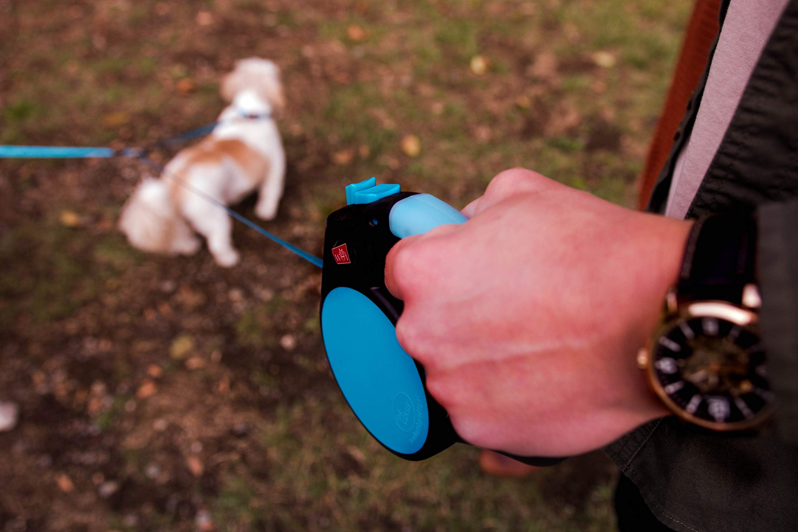 Wigzi Dual-Dog Waking Retractable Easy Lock Gel Handle Auto Untangle Dog Leash with Coupler - Blue - All Sizes - Up to 18 Feet  