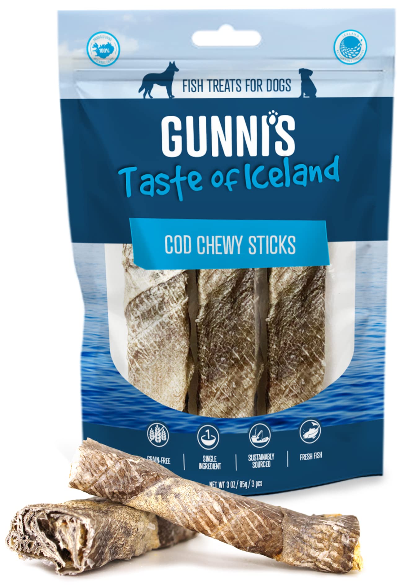 Gunnis Pet Grain-Free Cod Skin Chewy Sticks Natural Air-Dried Dog Treats - 3 Pack