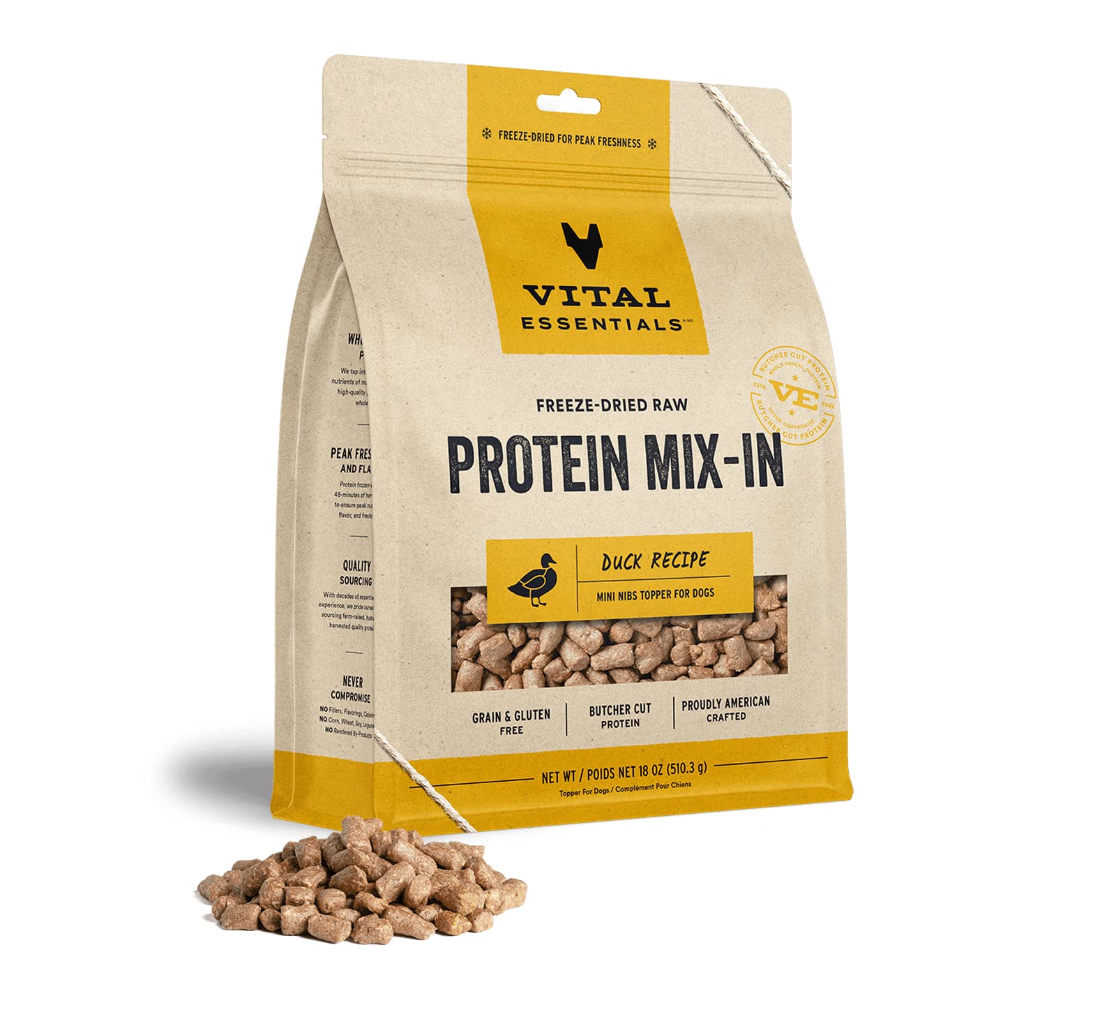 Vital Essential's Grain-Free Protein Mix-in Duck Mini Nibs Freeze-Dried Dog Food Topper - 18 Oz  