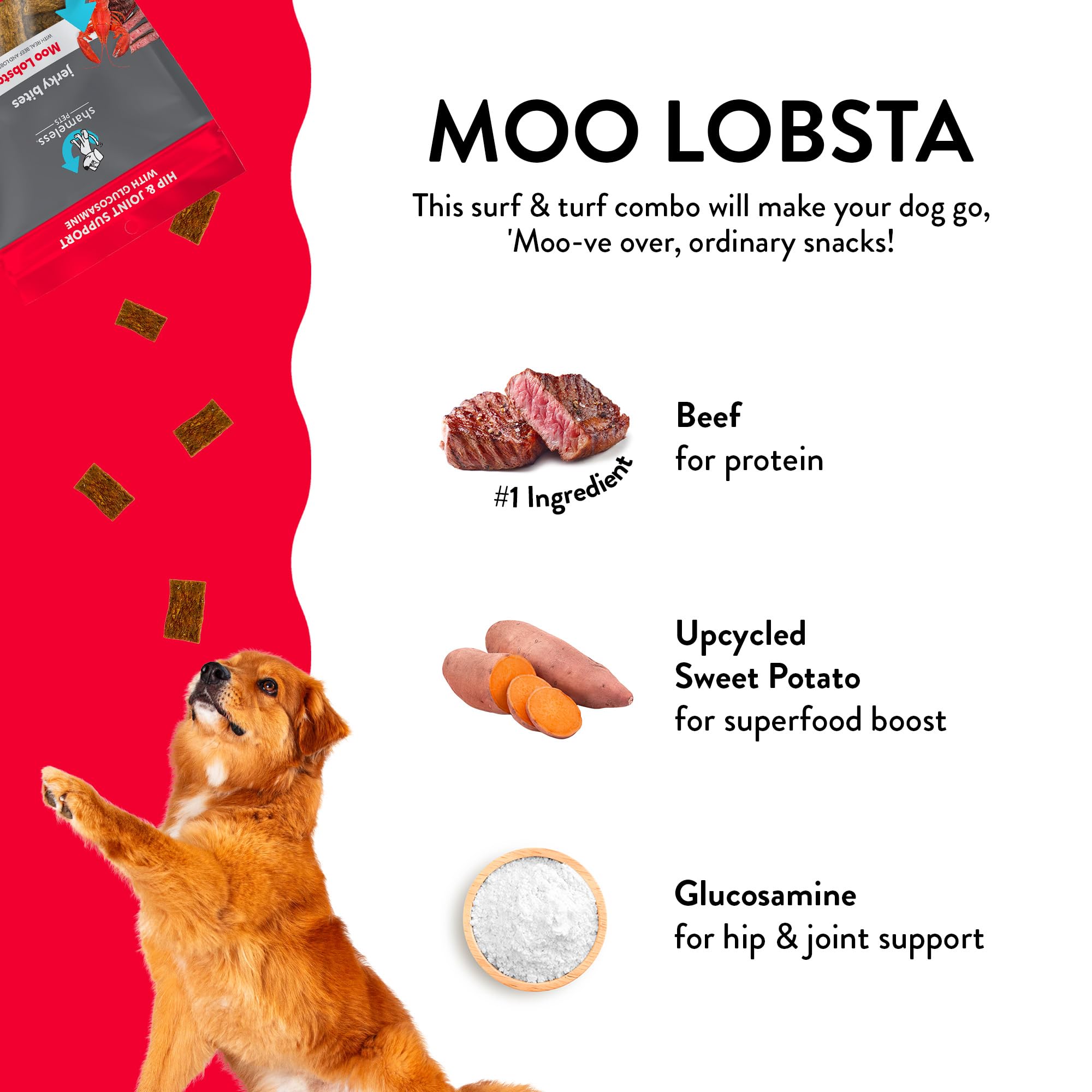 Shameless Pets Moo Lobsta Beef and Lobster Jerky Dog Treats - 5 Oz - Case of 6  