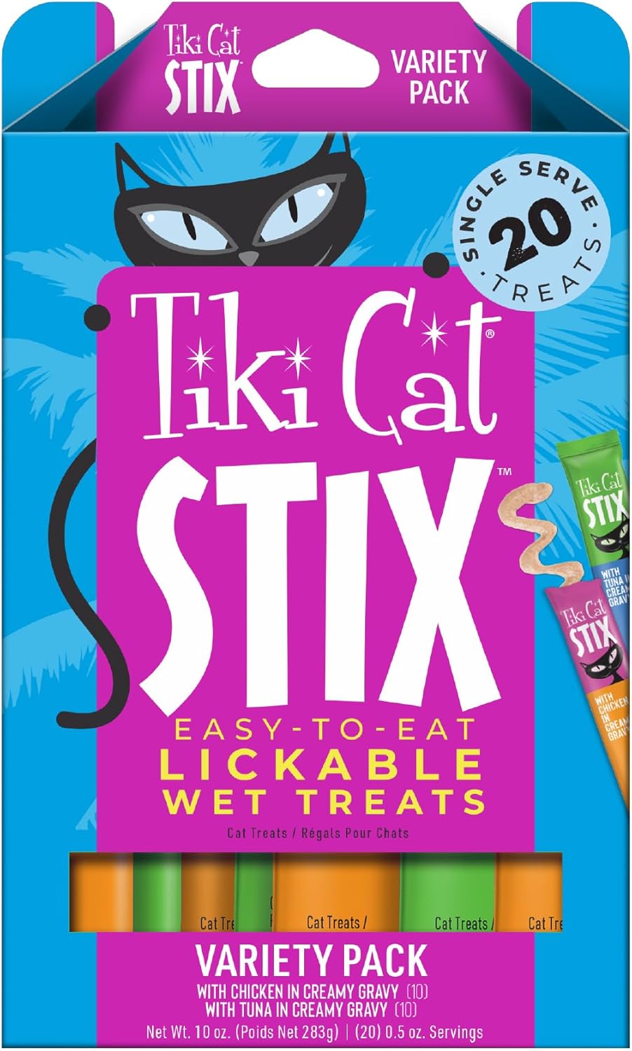 Tiki Cat Stix Chicken and Tuna in Creamy Gravy Single Serve Lickable Soft and Chewy Cat Treats - Variety Pack - .5 Oz - 20 Pack