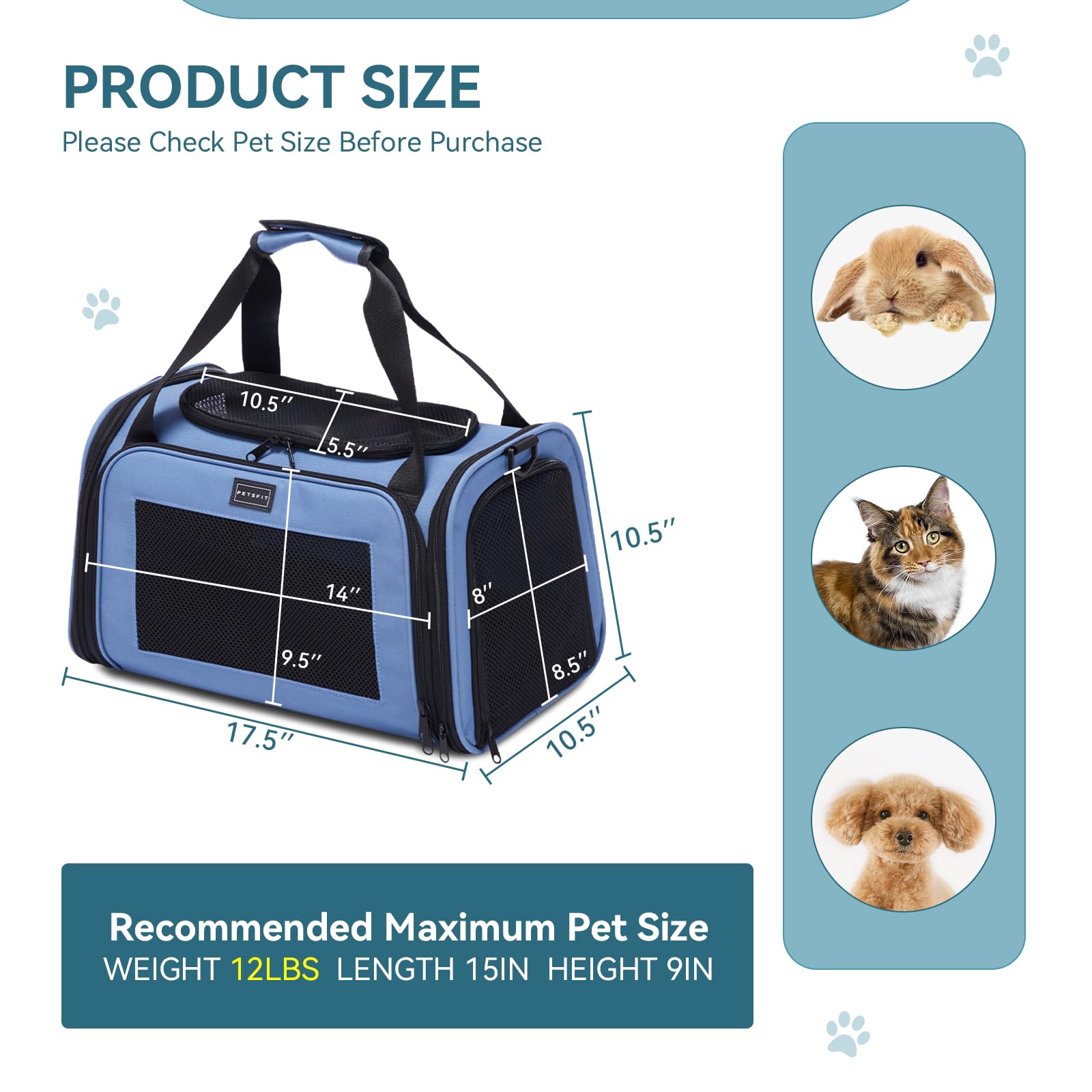 Midwest Duffy Expandable Travel Pet Carrier - Blue - Small - 16.3" X 10.1" X 9.3" Inches  