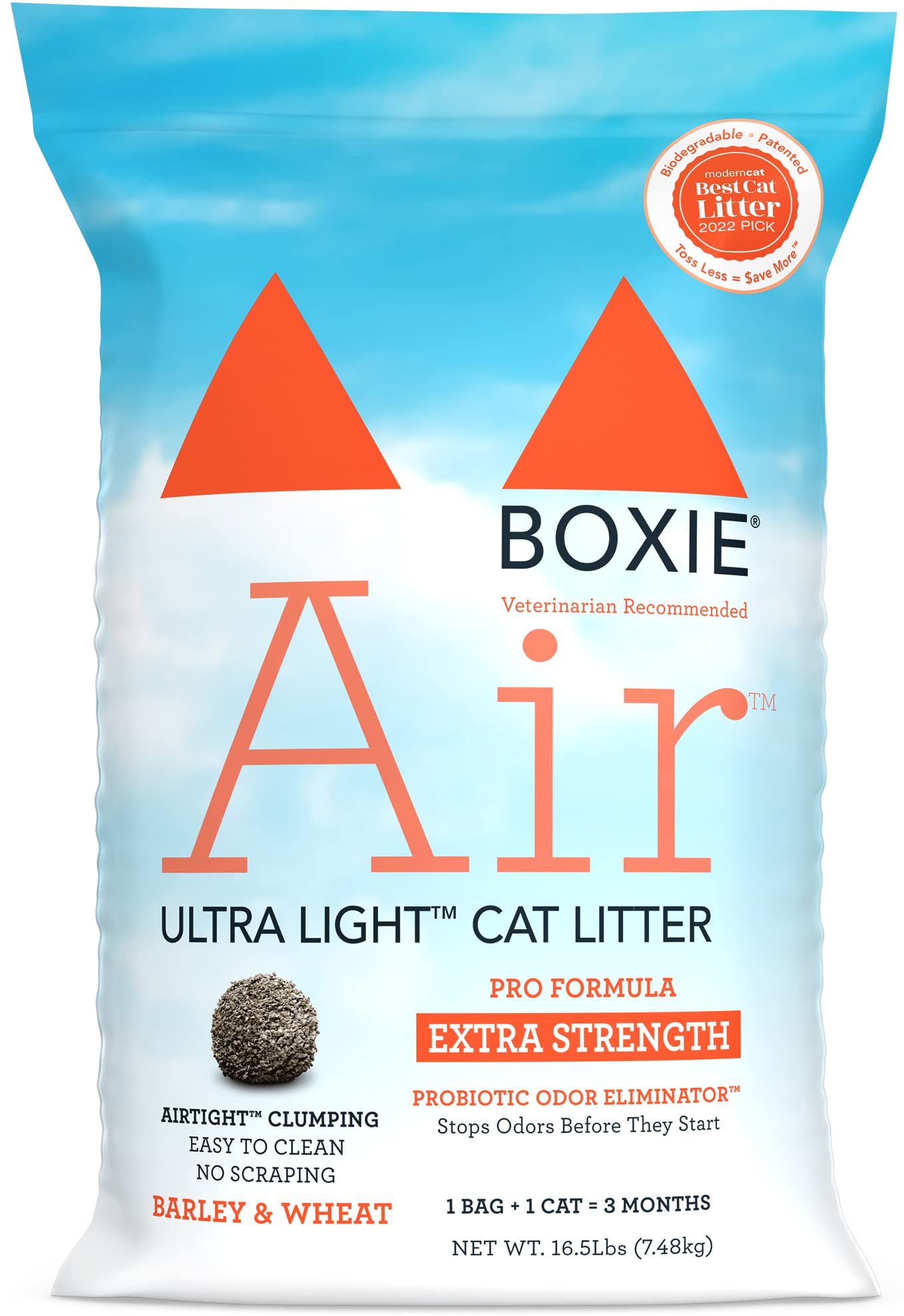 Boxiecat Air Lightweight Extra Strength Pro-Formula Dust-Free Probiotic Odor Eliminator Plant Based Clumping Cat Kitty Litter - 16.5 Lbs