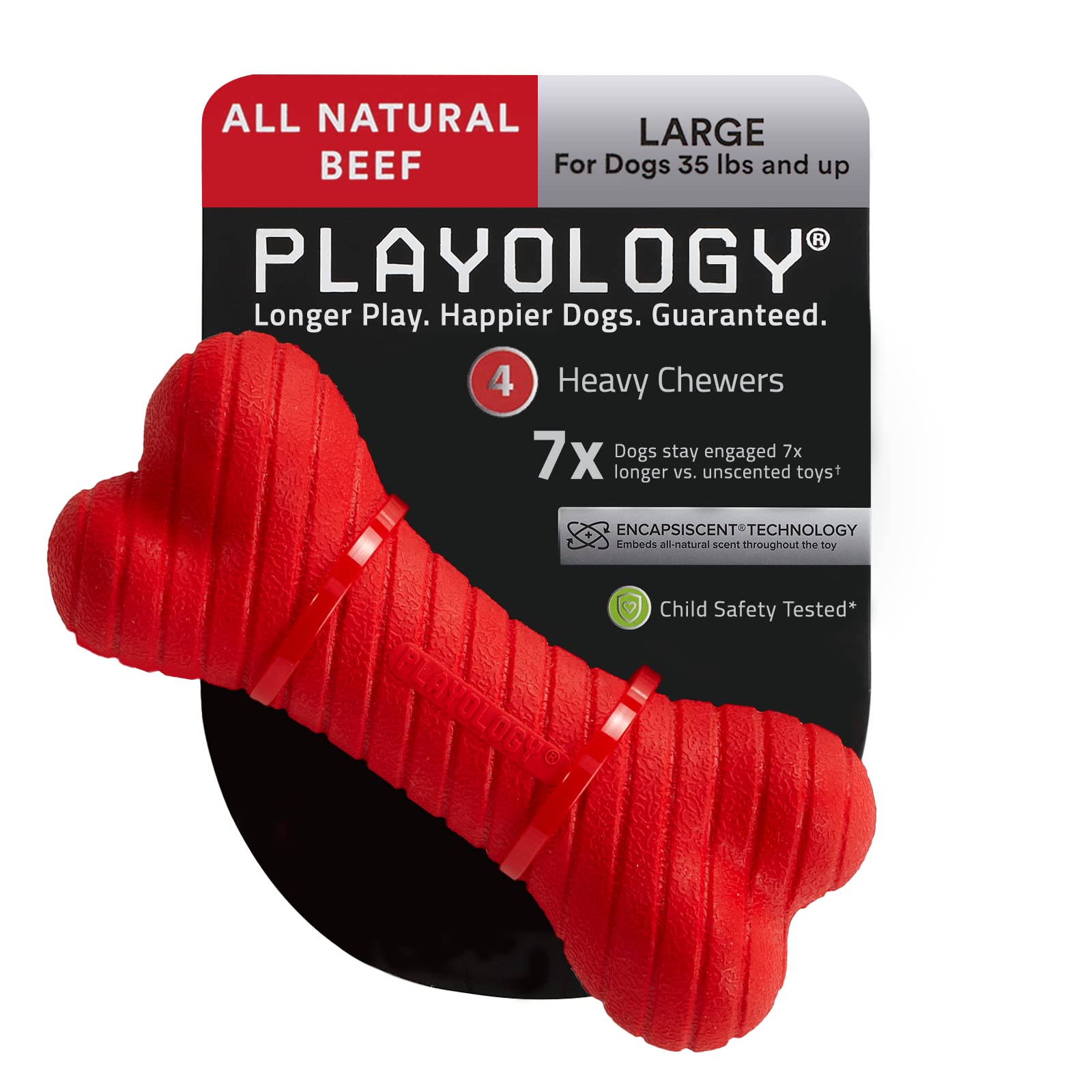 Playology Beef Scented Dual Layered Bone Rubber Dog Toy with Encapsiscent Technology - Red - Large  