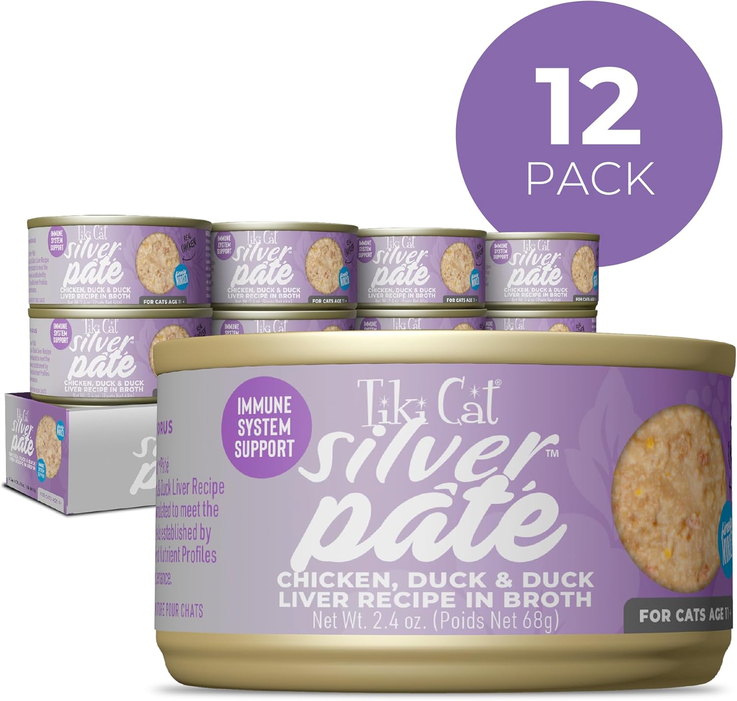 Tiki Cat Silver Pate Grain-Free Chicken Duck and Duck Liver in Broth Senior Adult Canned Cat Food - 2.4 Oz - Case of 12
