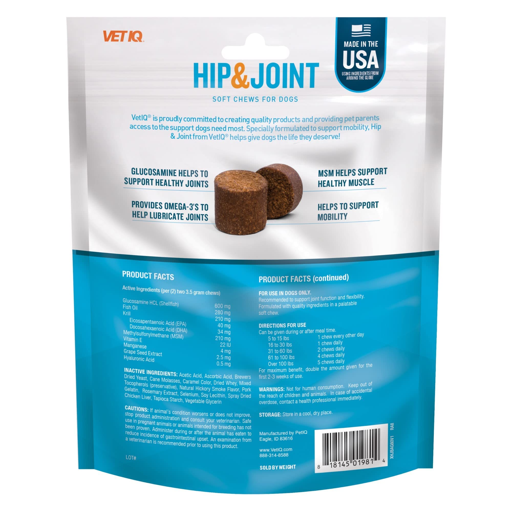 VETIQ Hip and Joint Chicken Flavored Soft Chew Dog Supplements - 60 Count  