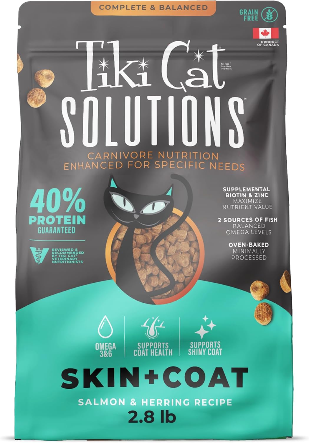 Tiki Cat Solutions Skin and Coat High-Protein Grain-Free Salmon and Herring Dry Cat Food 2.8 Pounds