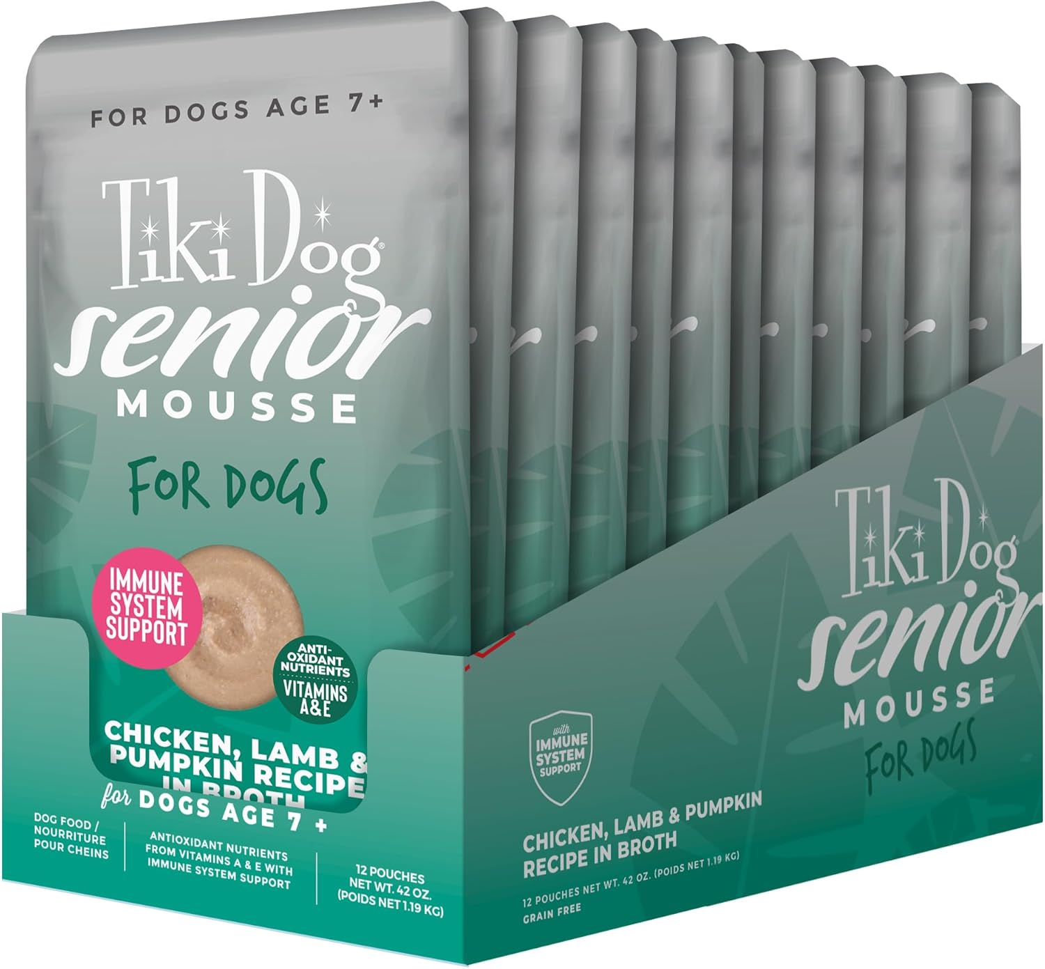Tiki Dog Senior Mousse Immune Support Chicken Lamb and Pumpkin in Broth Adult Wet Dog Food Pouch - 3.5 Oz - 2 Pack