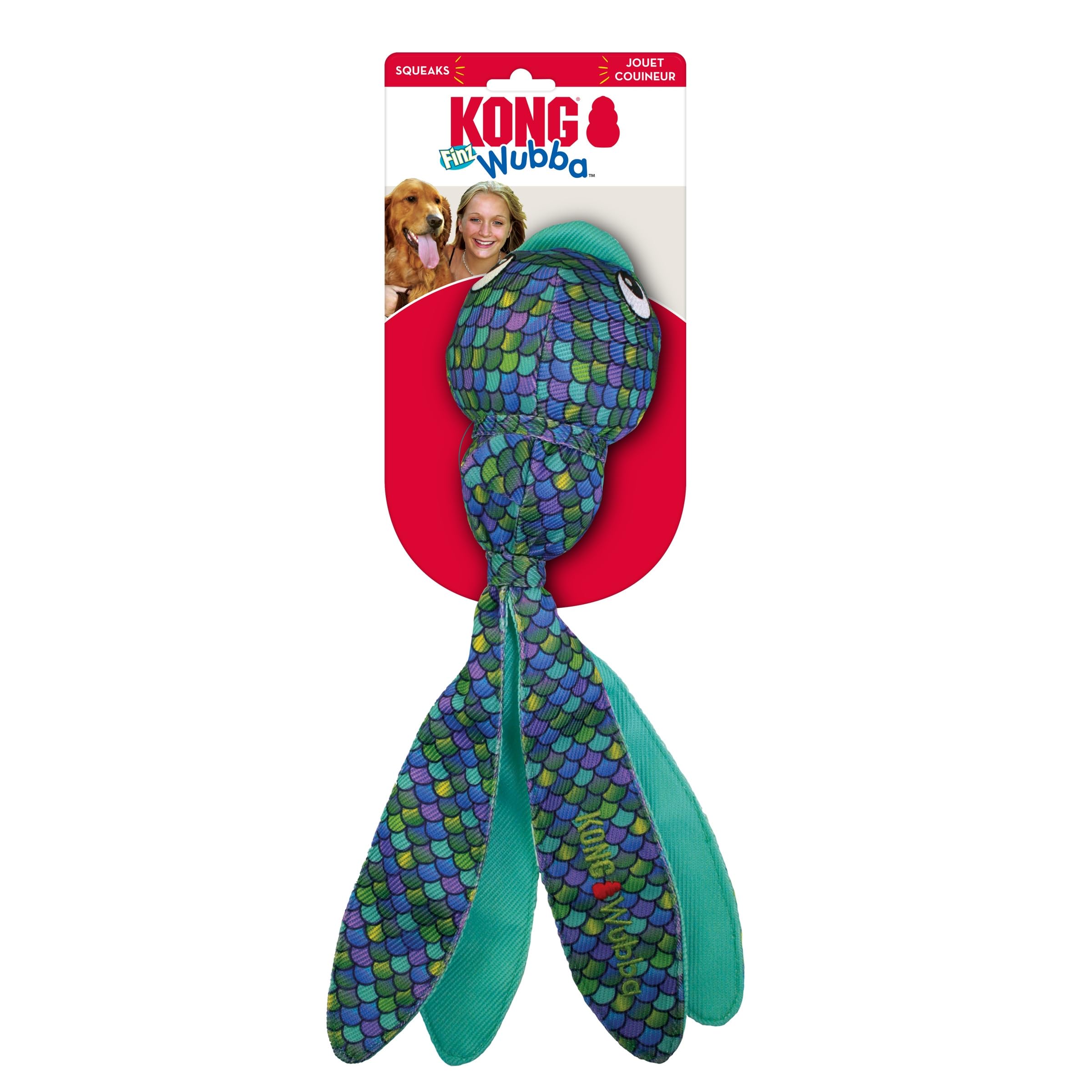 Kong Wubba Finz Inner Tennis Ball Squeak and Fetch Nylon Dog Toy - Blue - Large  