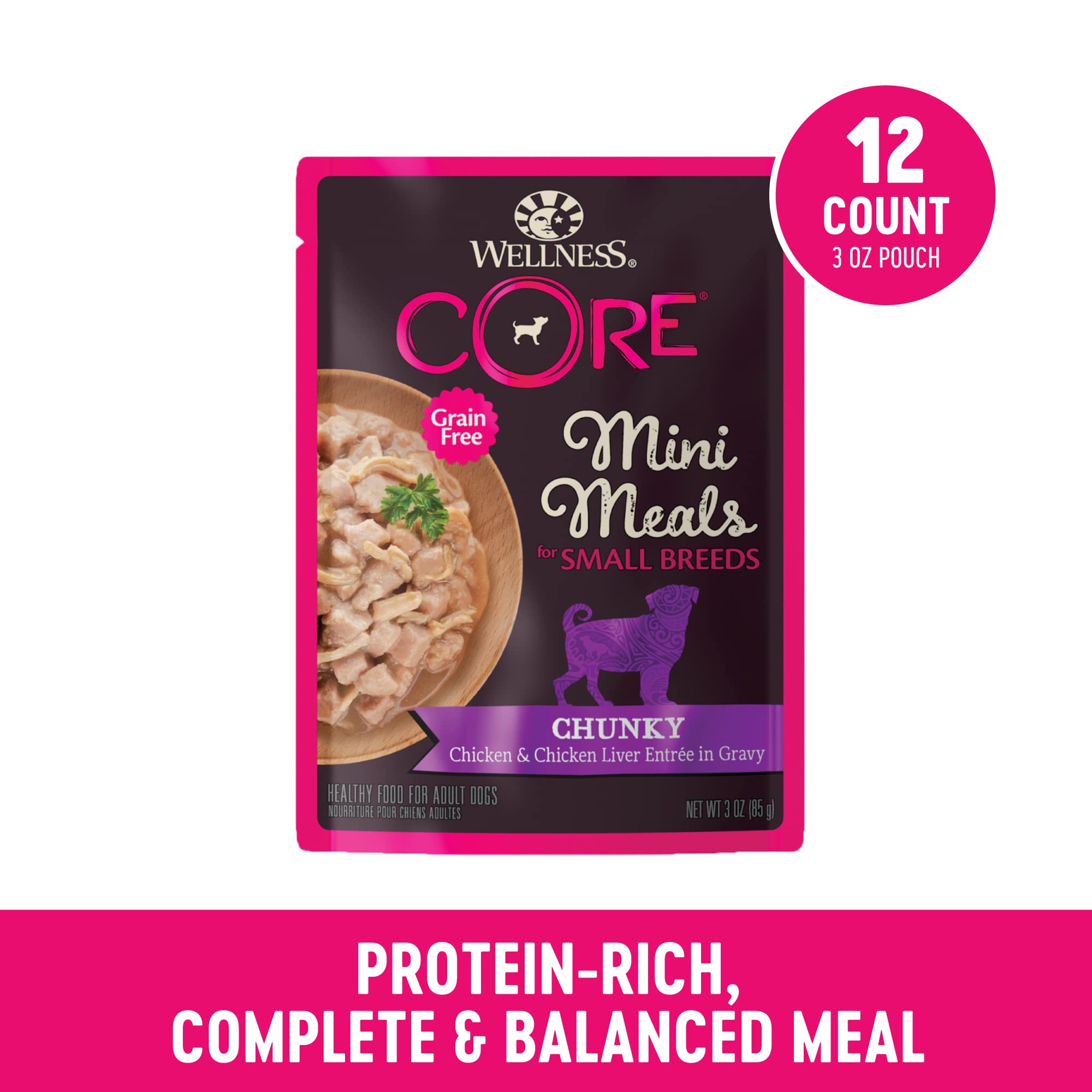 Wellness Core Mini Meals Grain-Free Chicken and Liver in Gravy Entrée Small-Breed Adult Wet Dog Food Pouch - 3 Oz - Case of 12  