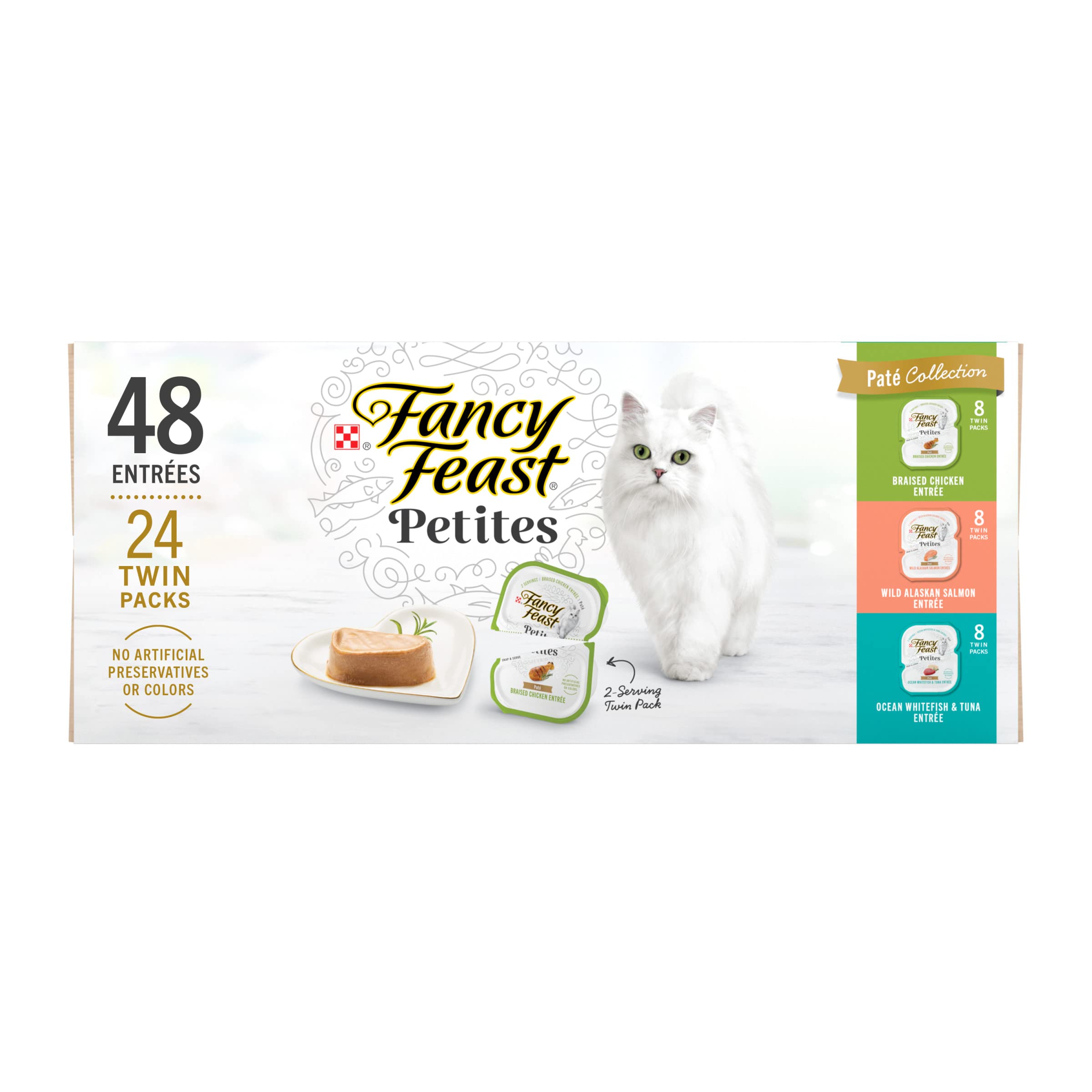Purina Fancy Feast Petites Chicken Salmon Whitefish and Tuna Pate Entrée Wet Cat Food Trays - Variety Pack - 2.8 Oz - 24 Count  