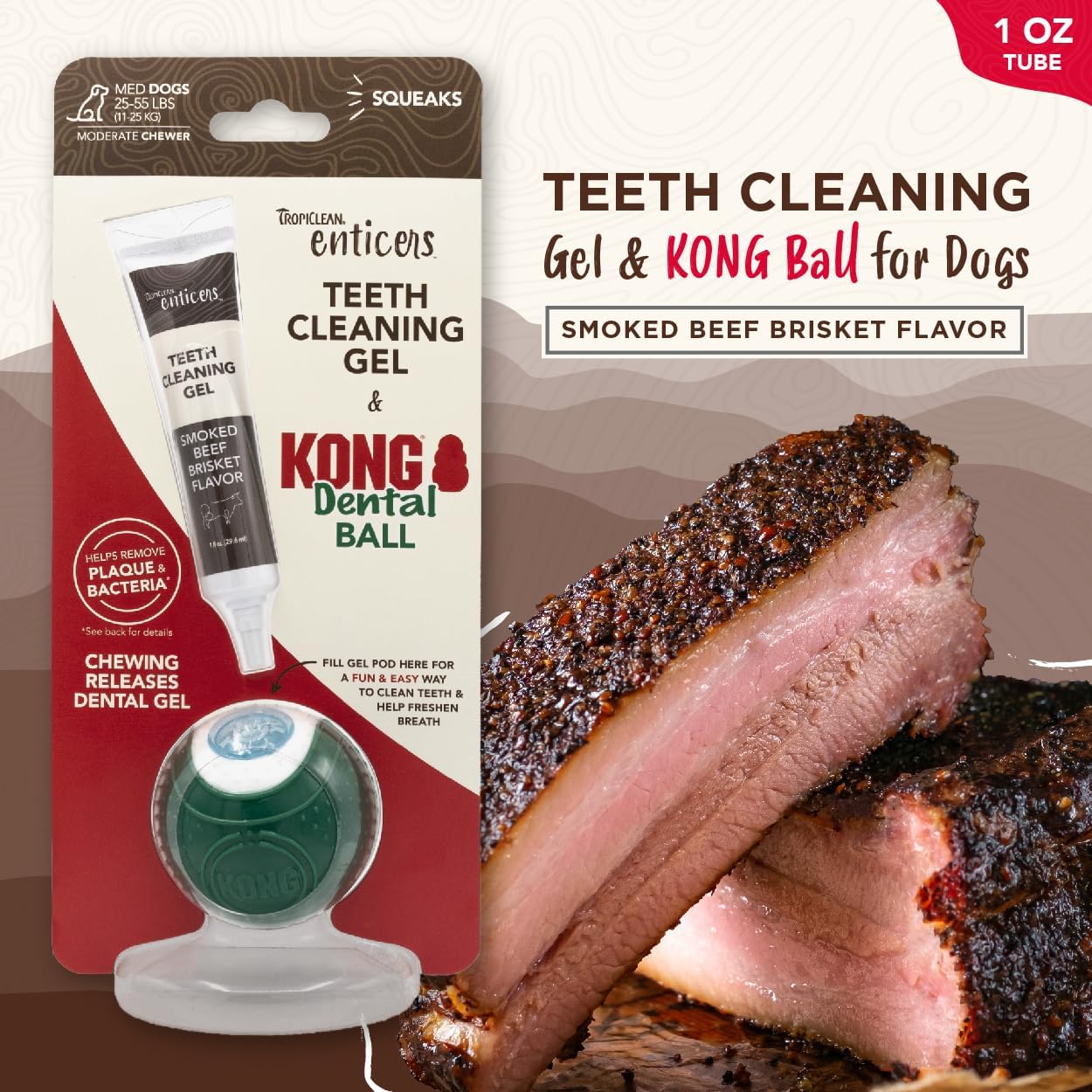 Tropiclean Enticers Smoked Beef Teeth Cleaning Dental Gel Kit with Kong Ball Dog Toy - 1 Oz - Medium Ball