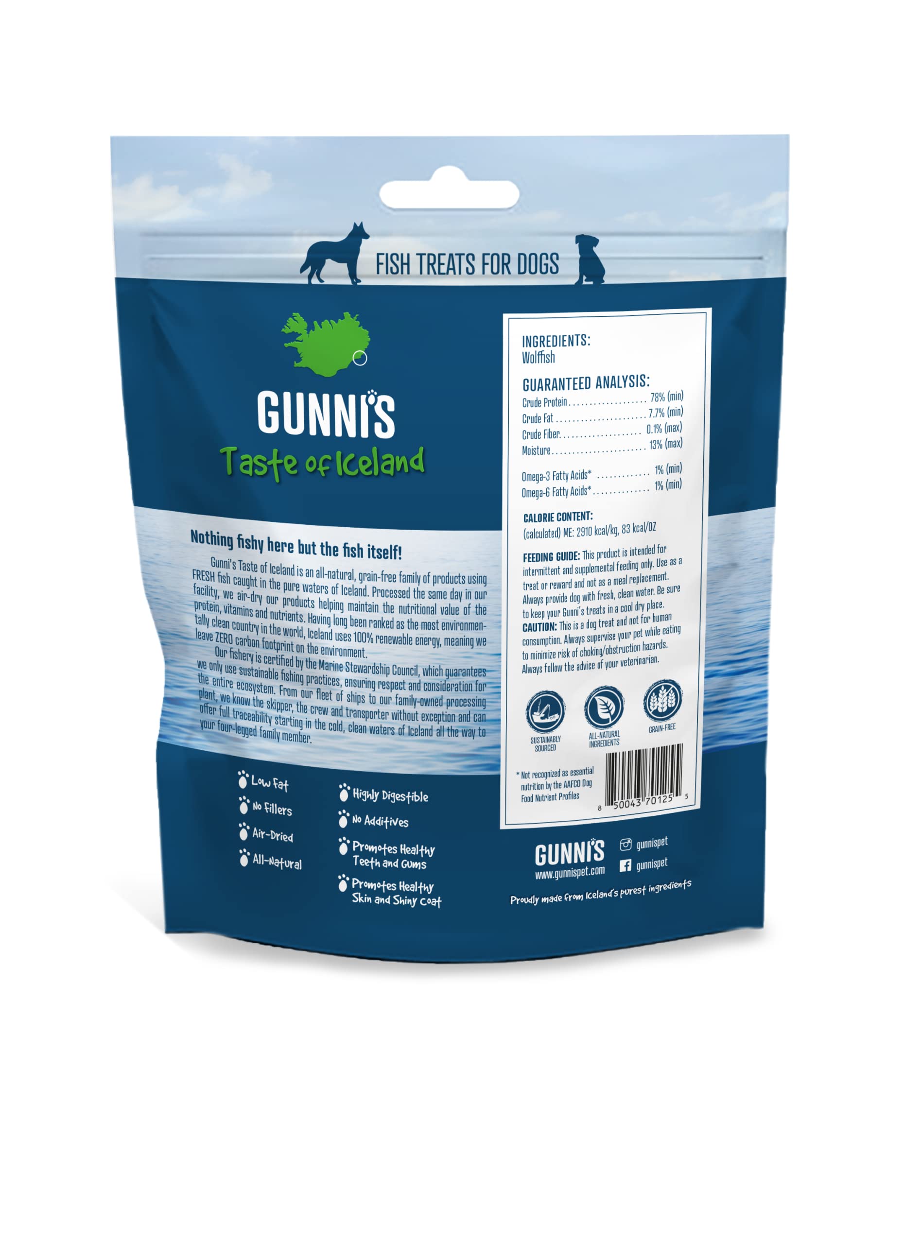 Gunnis Pet Grain-Free Wolffish Skin Chips Natural Air-Dried Dog Treats  - 9 Oz