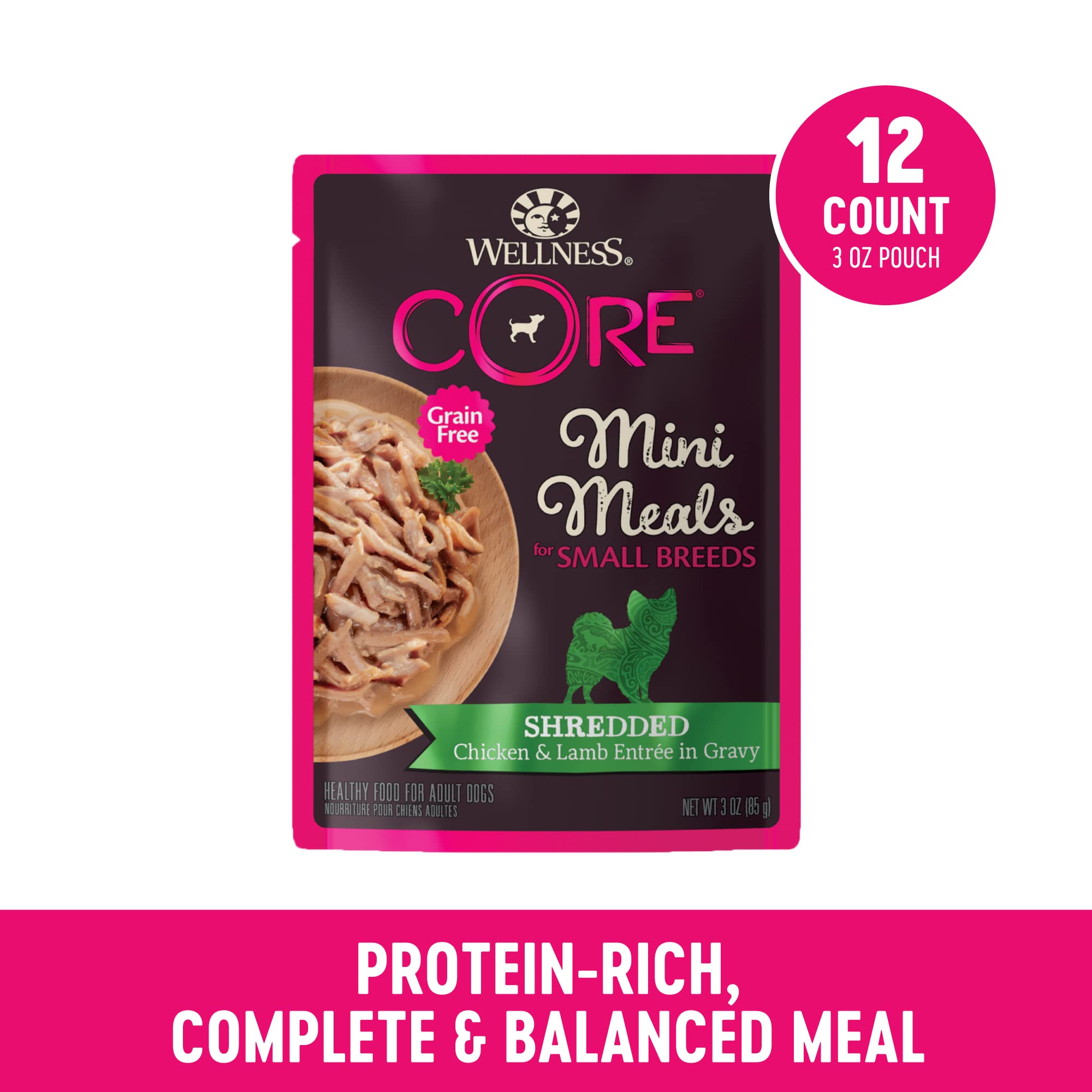 Wellness Core Mini Meals Grain-Free Shredded Chicken and Lamb in Gravy Entrée Small-Breed Adult Wet Dog Food Pouch - 3 Oz - Case of 12  