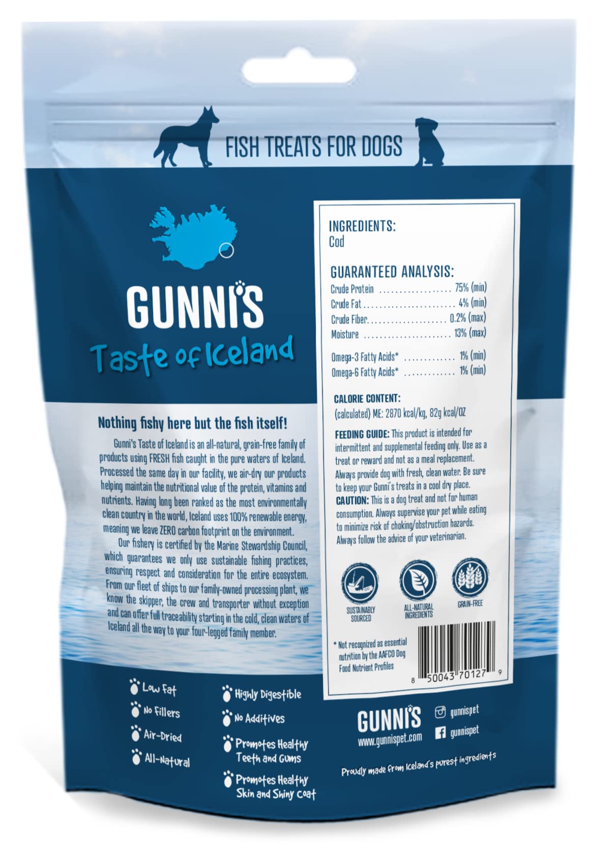 Gunnis Pet Grain-Free Cod Skin Shorties Natural Air-Dried Dog Treats  - 2.5 Oz