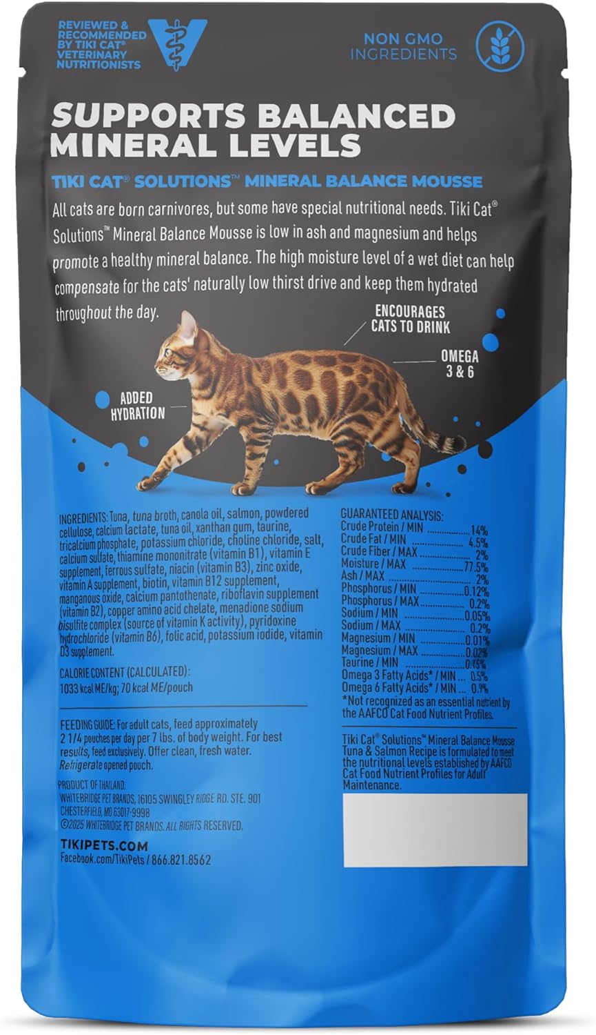 Tiki Cat Solutions Mousse Mineral Balance Urinary Tract Health Tuna and Salmon Adult Wet Cat Food Pouch - 2.4 Oz - Case of 12