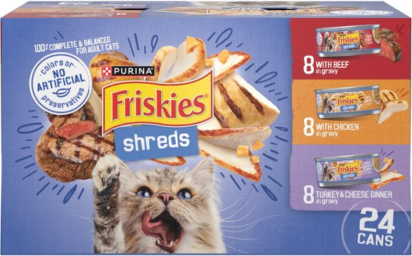 Purina Friskies Shreds Shredded Beef Chicken Turkey and Cheese in Gravy Canned Cat Food - Variety Pack - 5.5 Oz - 24 Count