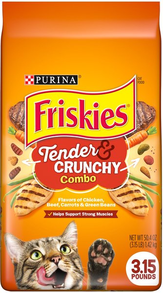 Purina Friskies Tender and Crunchy Chicken Beef Carrots and Beans Dry Cat Food - 3.15 Lbs - Case of 4