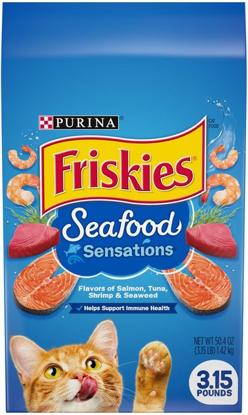 Purina Friskies Seafood Sensations Salmon Tuna Shrimp and Seaweed Adult Dry Cat Food - 3.15 Lbs - Case of 4