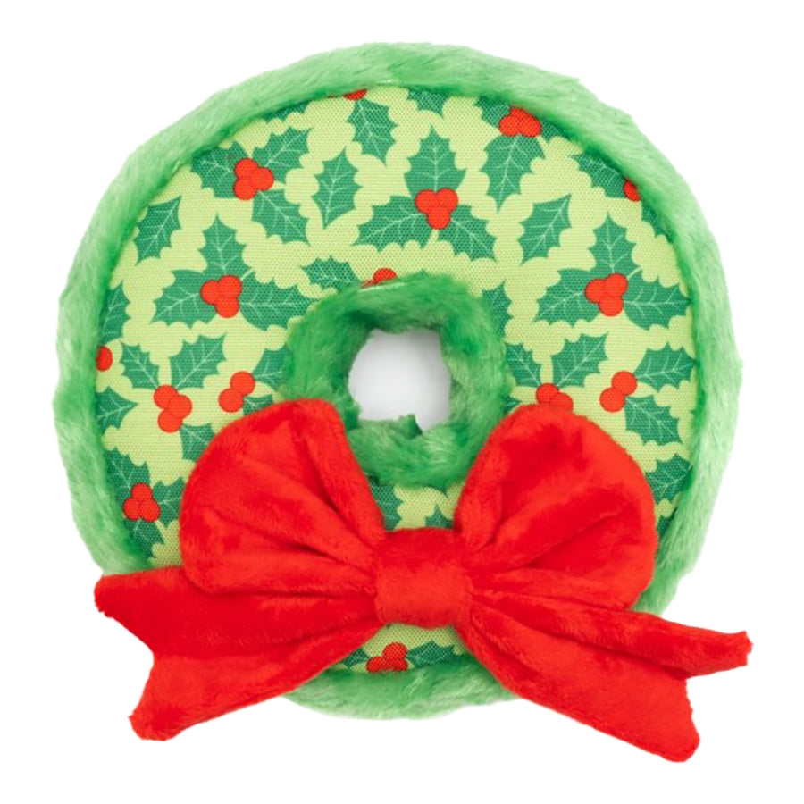 The Worthy Dog Wreath Christmas Holiday Squeak Nylon and Plush Dog Toy