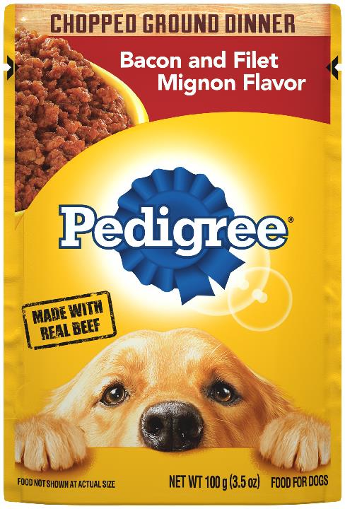 Pedigree Chopped Ground Dinner Filet Mignon and Bacon Wet Dog Food Pouch - 3.5 Oz - Case of 16  