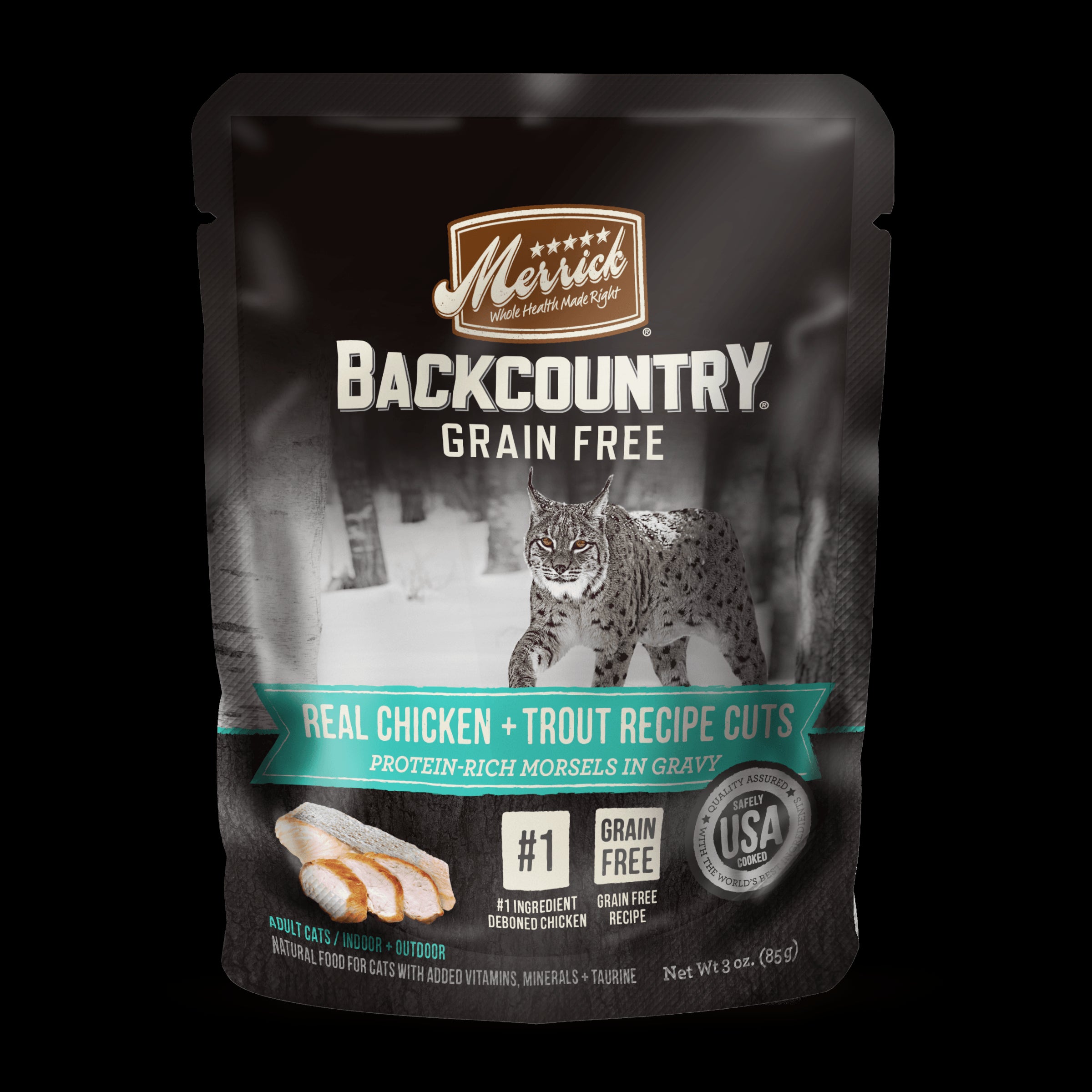 Merrick 'Backcountry' Grain-Free Chicken + Trout Recipe Real Cuts Wet Cat Food - 3 oz Pouches - Case of 24