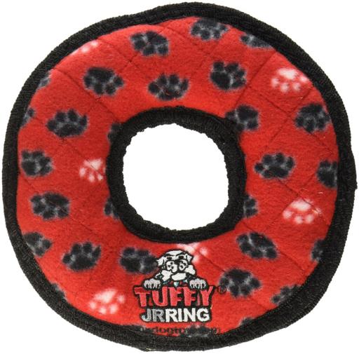 Tuffy's Junior Paw-Patterned Ring Float and Squeak Nylon and Plush Fetch Dog Toy - Red - Small  