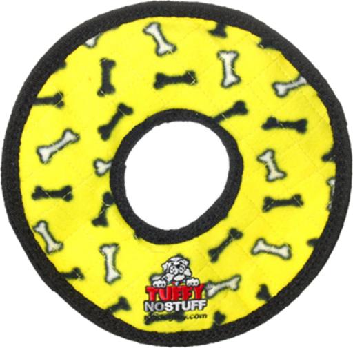 Tuffy's No Stuffing Bone-Patterned Ultra Ring Float and Squeak Nylon and Plush Fetch Dog Toy - Yellow  