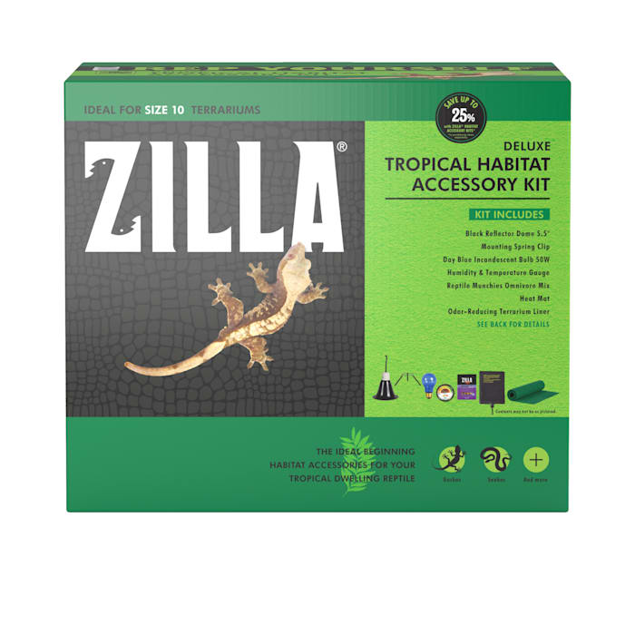Zilla Deluxe Tropical Habitat Reptile Terrarium Accessory Starter Kit with Lights Food and Bedding - Ideal for 10 Gallon Terrariums