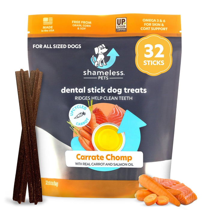 Shameless Pets Carrate Chomp Carrots and Salmon Oil Hip and Joint Sticks Dental Dog Tre...
